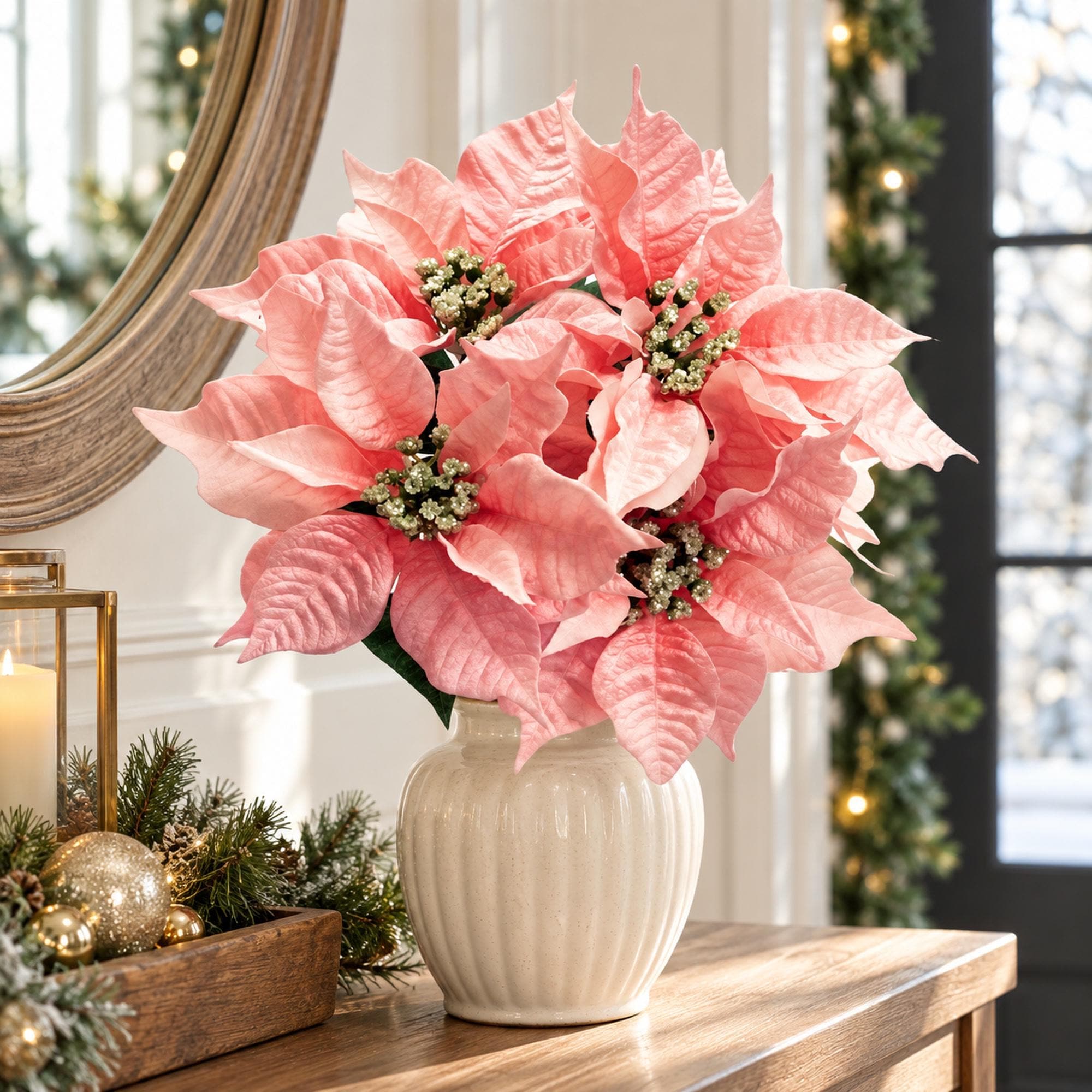 Peach Poinsettia Bush, 13 Inch Artificial Christmas Flower Arrangement Supply