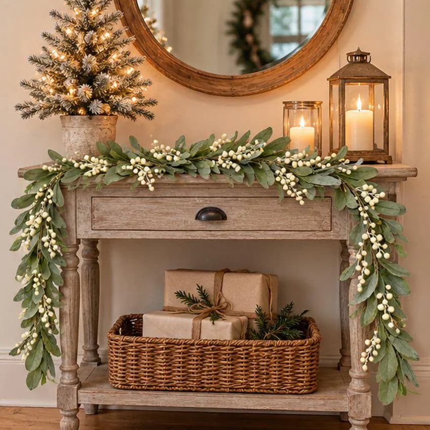 5 Foot White Berry Garland with Green Leaves, Natural Christmas Mantel and Table Decor