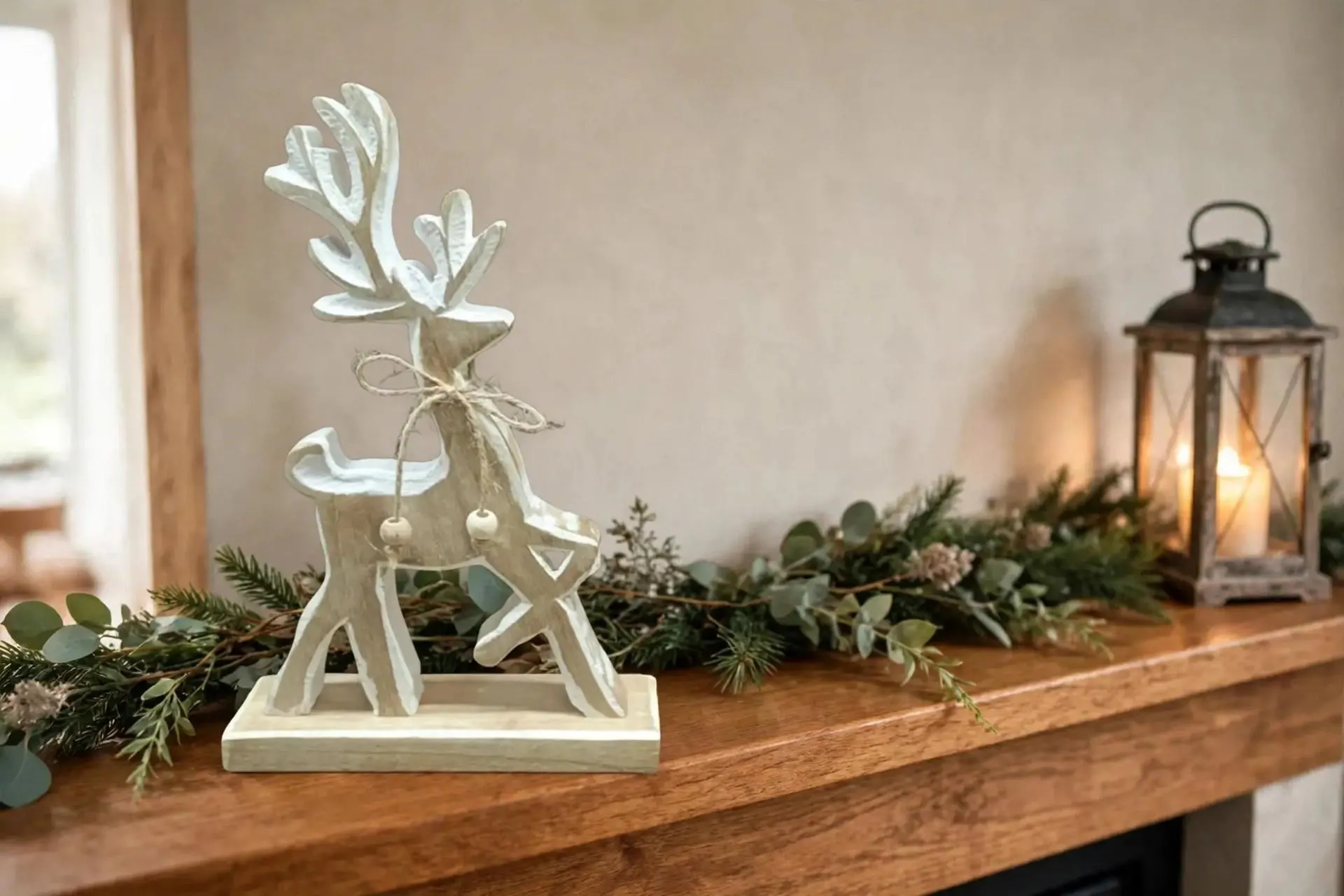 Wooden Reindeer on Base White Wash Large 14.6 Inch | Carved Wood Reindeer Tabletop Decor | Rustic Christmas Figurine