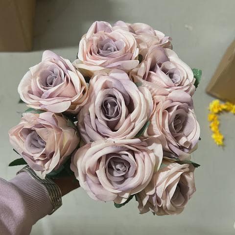 9-Head Lilac Purple Rose Bunch, Silk Artificial Rose Stem, Faux Lavender Roses for Wedding Bouquets, Romantic Purple Floral Decor,