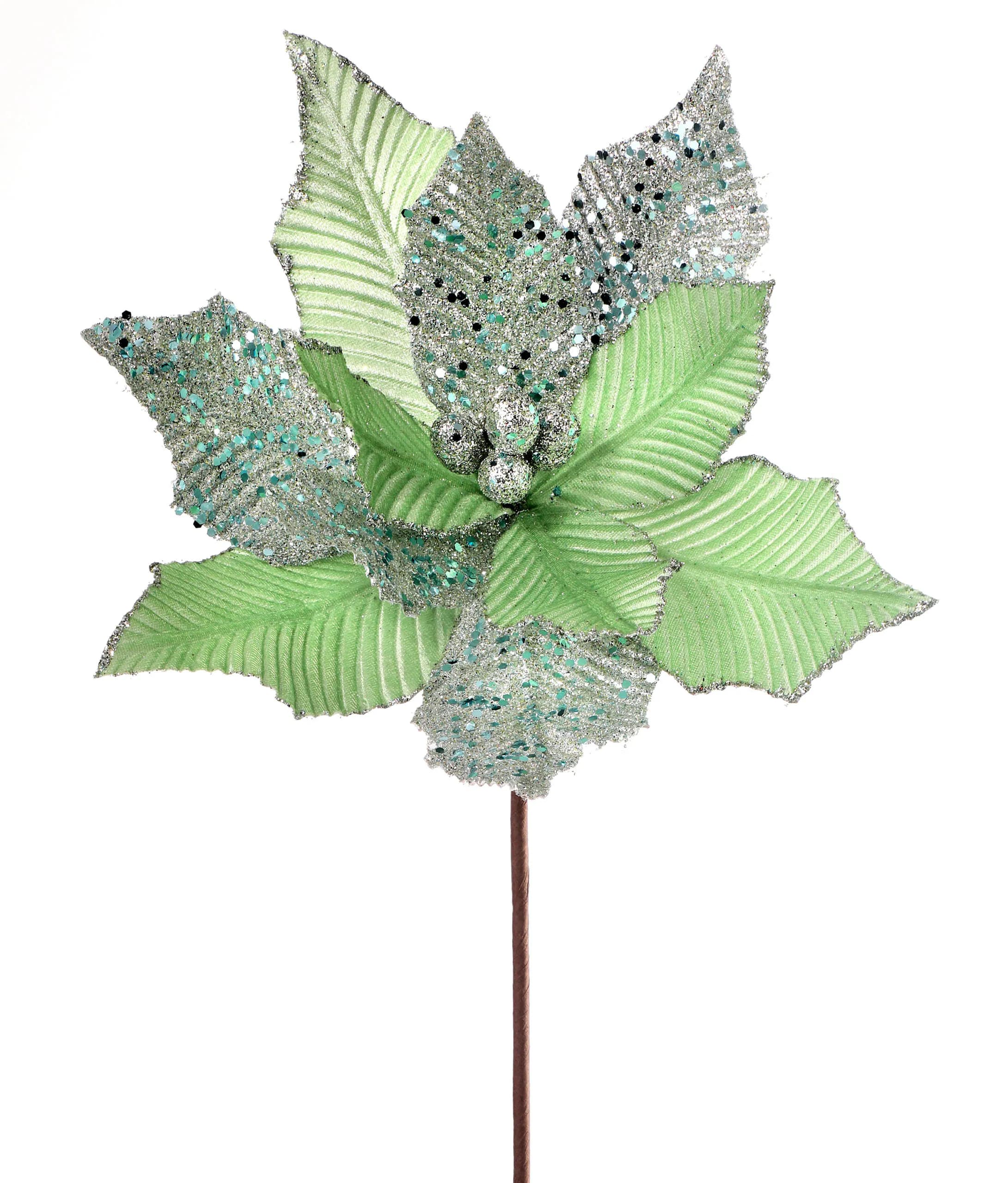 24" Mint Green Creased Velvet Glitter Poinsettia/Holiday Decor/Christmas Decorations/Poinsettia Picks/Poinsettia Flowers/Poinsettia Plants
