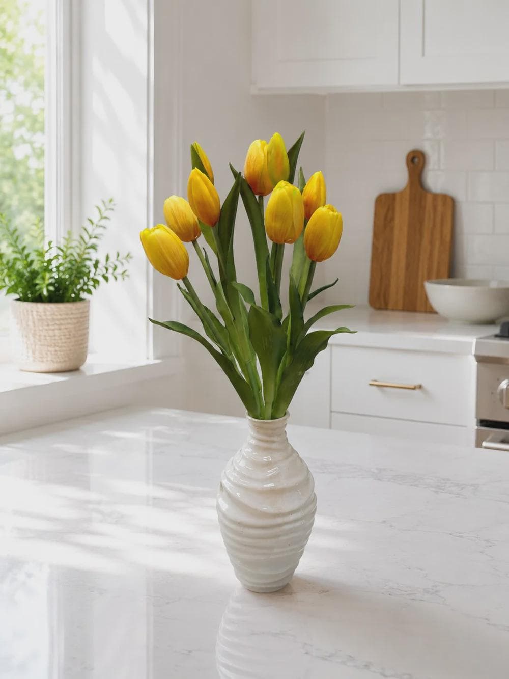 18" Dynasty Yellow Tulip Bundle (10 Stems) – Fresh Touch Faux Yellow Tulip Pick, 6 Flowers and 4 Buds for Vases, Easter & Spring Decor