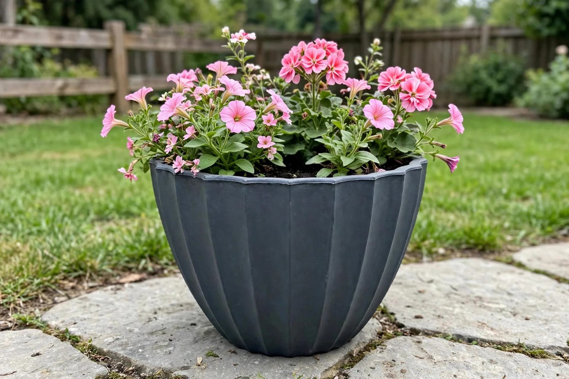 Eco Plastic Scalloped Pot Slate 20x15 Inch | Large Fluted Bowl Planter Wavy Rim | Garden Pot