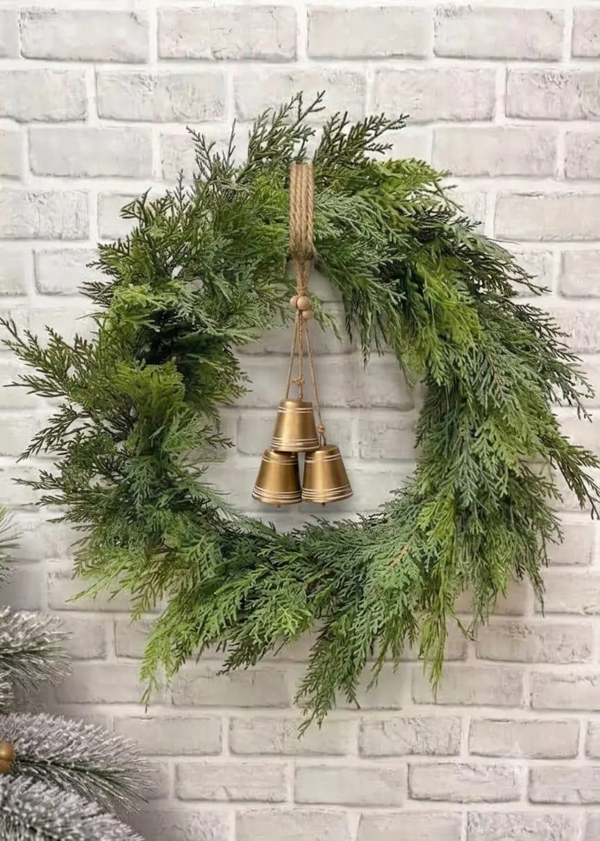 24" Fresh Touch Northern White Cedar Wreath with Rustic Metal Bells | Artificial Winter & Holiday Greenery Decor, Farmhouse Christmas Wreath