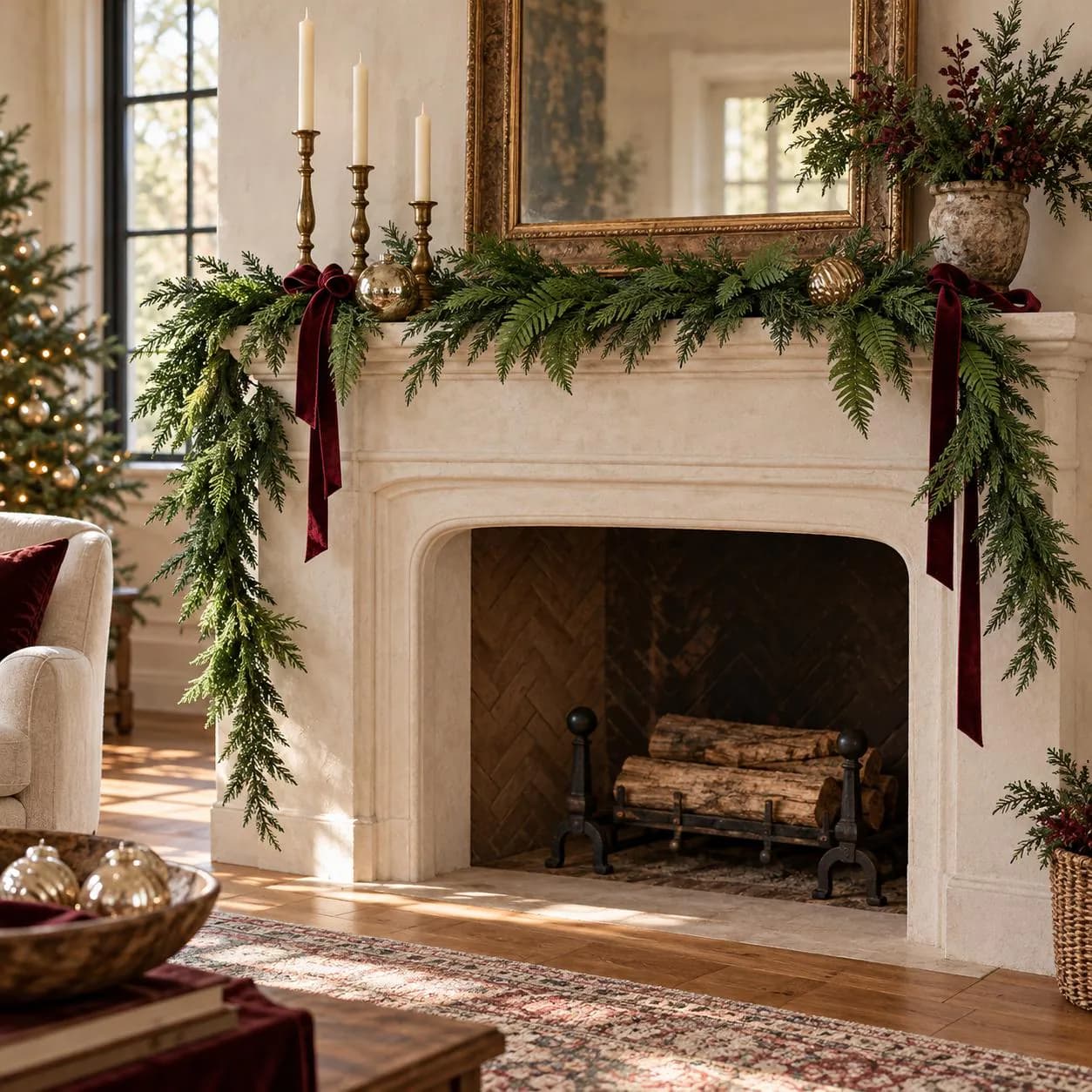 6 Foot Fresh Touch Fir Cedar Fern Garland, Mixed Green Christmas Mantel and Staircase Decor