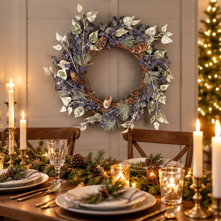 22 Inch Purple Berry Christmas Wreath with Frosted Leaves and Pine Cones, Unique Winter Door Decor