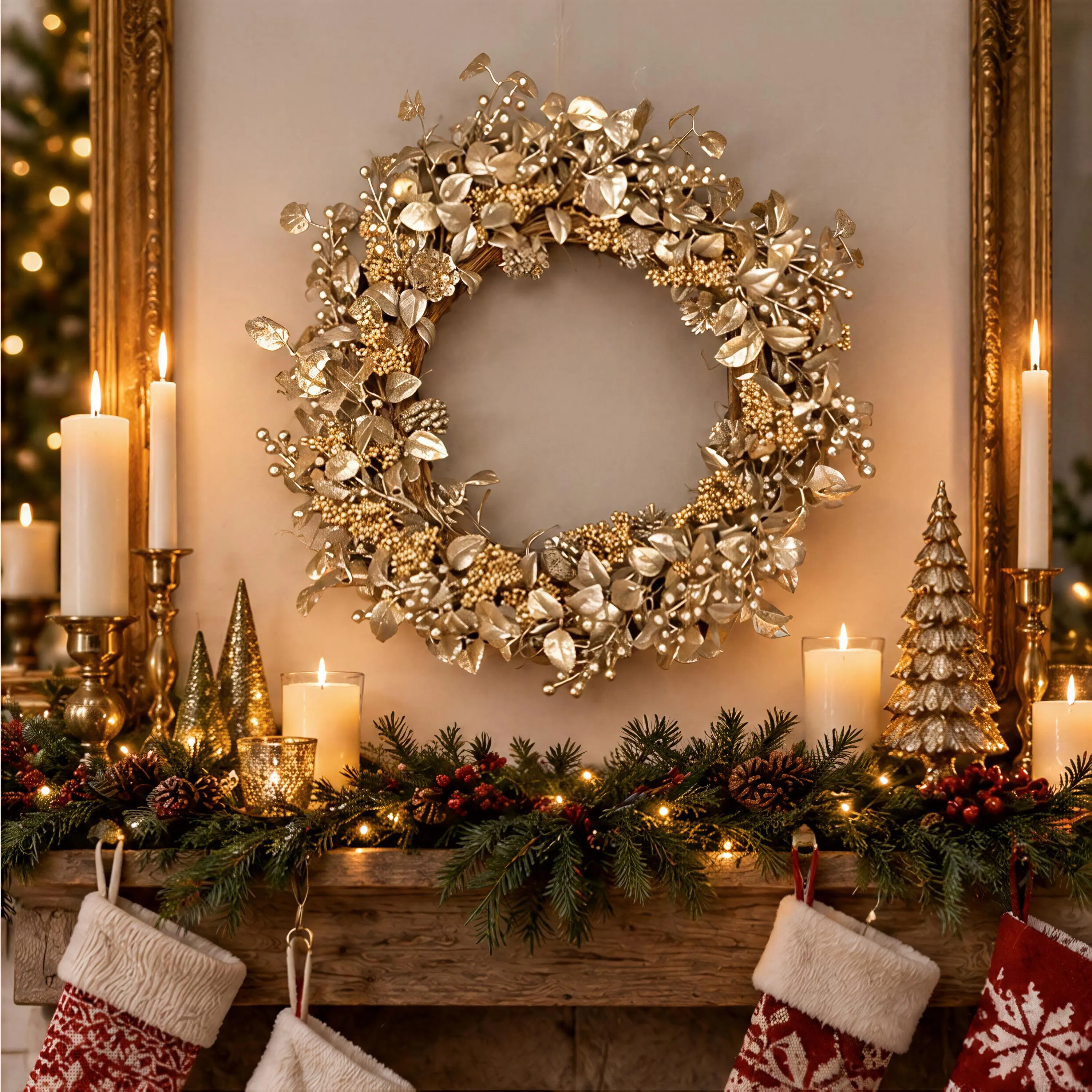 24 Inch Gold Christmas Wreath with Metallic Leaves, Berries and Pine Cones, Statement Holiday Decor