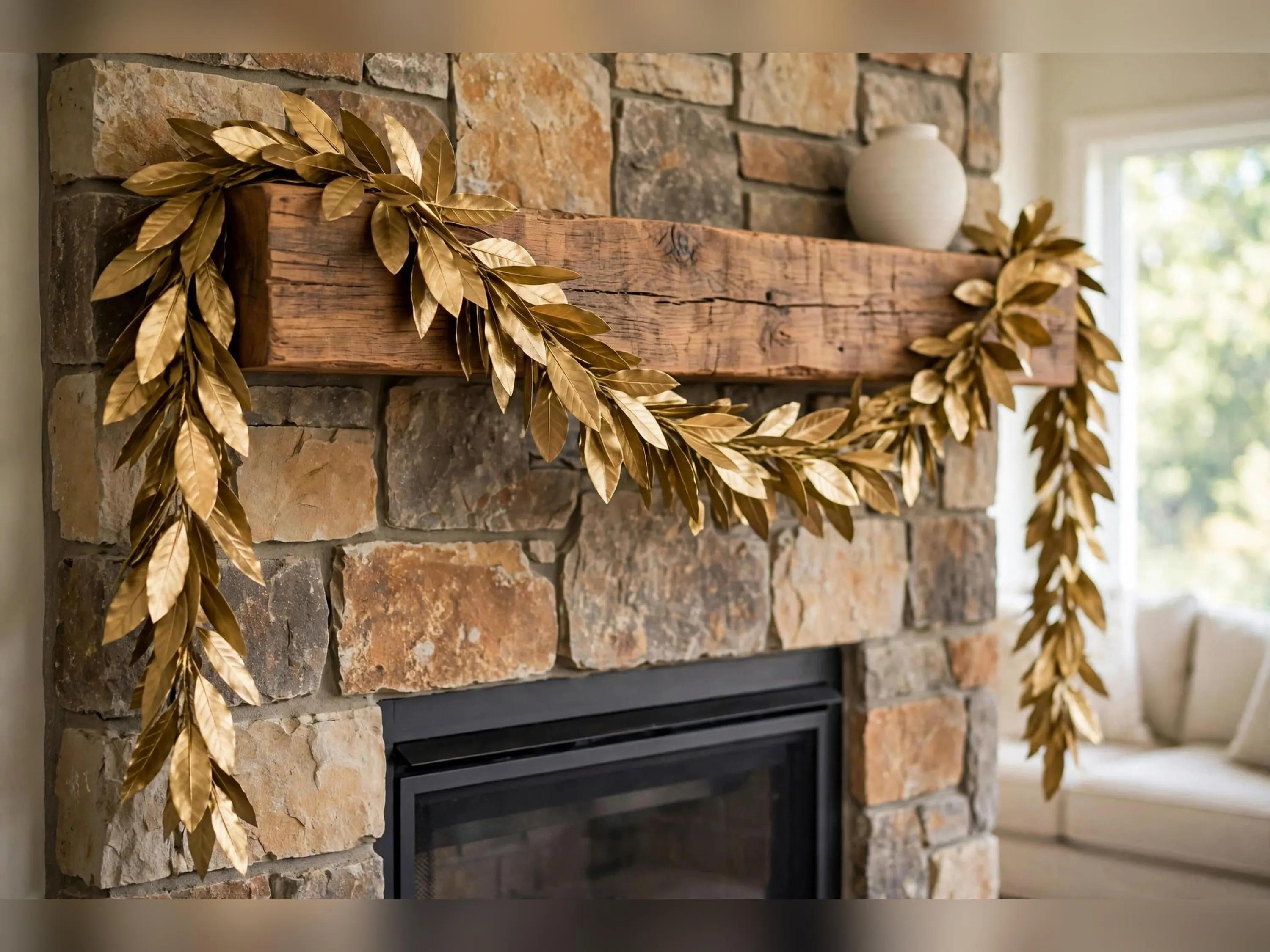 6 Foot Gold Bay Leaf Garland, Metallic Gold Artificial Garland for Christmas Mantel Table and Wedding Decor