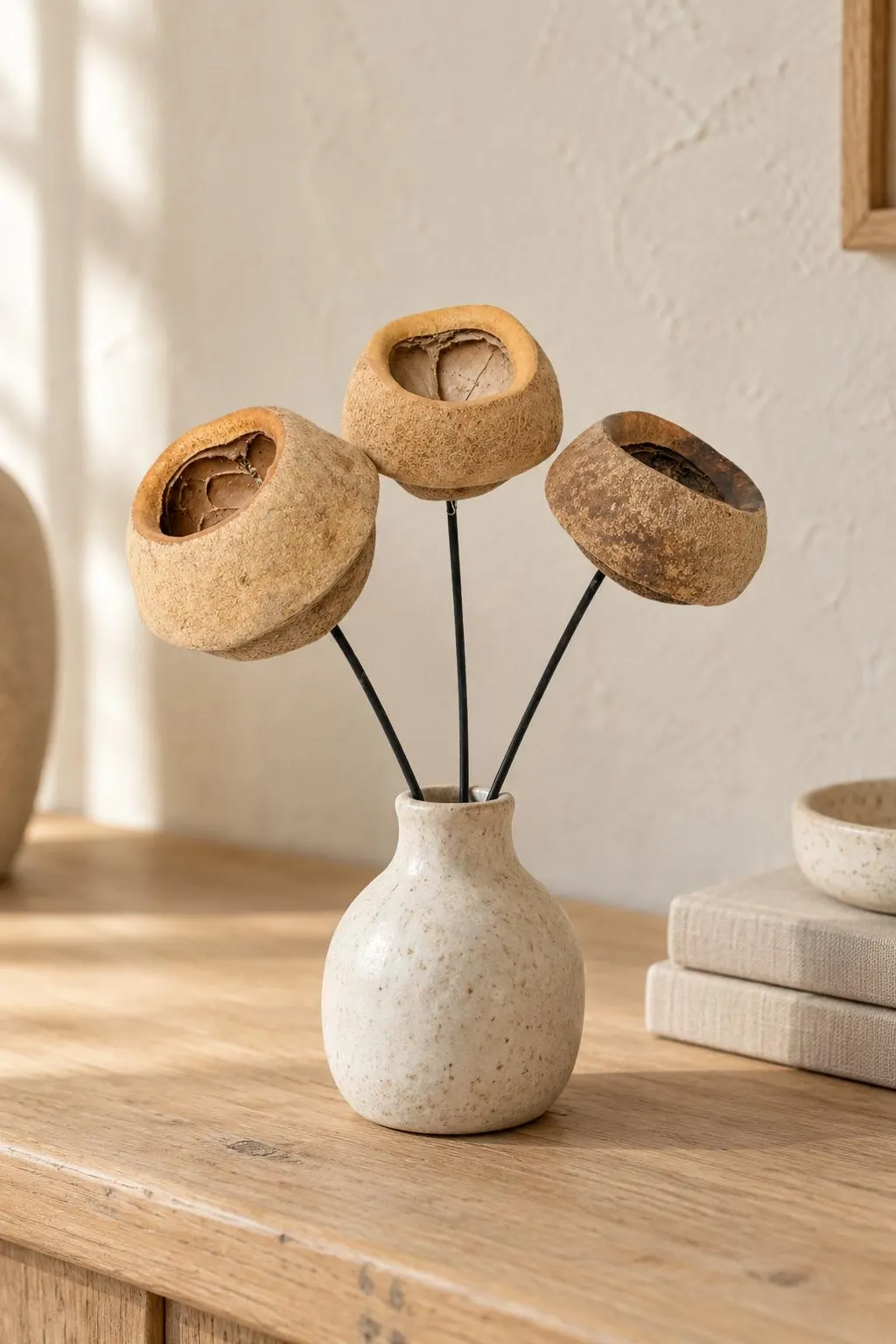 Large Dried Sapucaia Pods on Stems Set of 3 | Exotic Seed Pod Picks | Boho Centerpiece and Dried Arrangement Decor