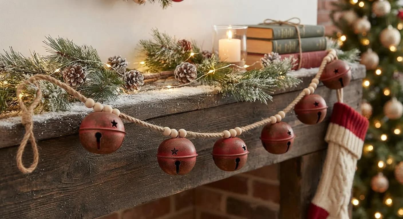 54" Antique Red Jingle Bell Garland, Rustic Christmas Tree Decor, Vintage Style Hanging Bells, Holiday Mantel & Staircase Accent