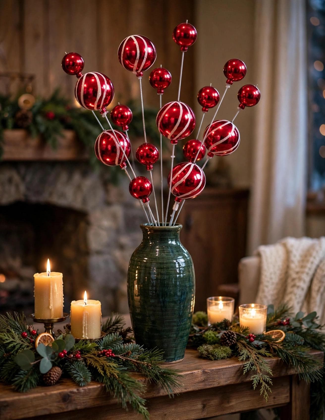 18 Inch Red Ball Spray, 8 Shiny Mirror Balls | Christmas Tree Pick | Holiday Floral Stem