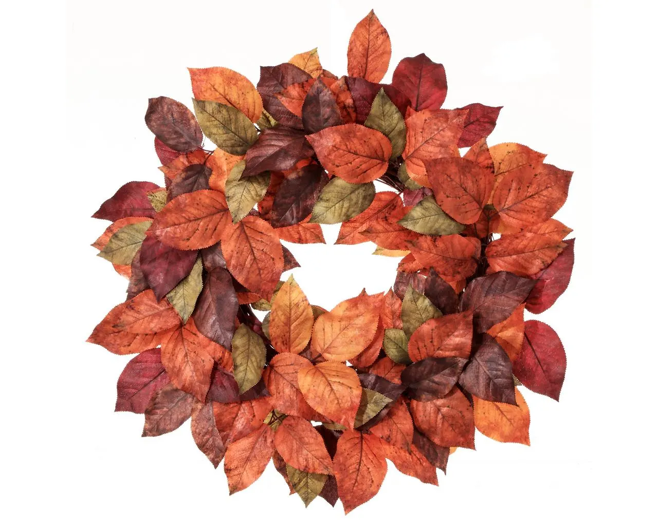 24" Fall Salal Leaf Wreath - Warm Orange, Burgundy, Green Faux Foliage Wreath for Front Door Decor, Autumn Harvest & Thanksgiving