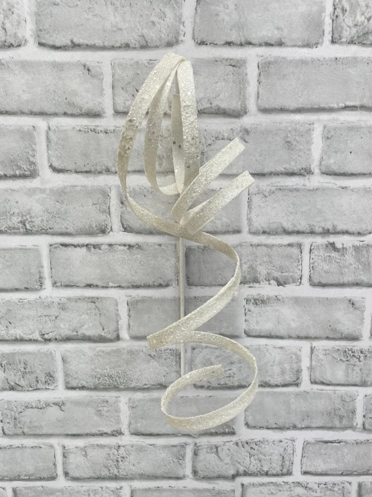 14.5" White Glitter Curly Ribbon Spray, Faux Christmas Floral Pick, Artificial Sparkling Whimsical Stem, Iridescent Winter Wreath Filler