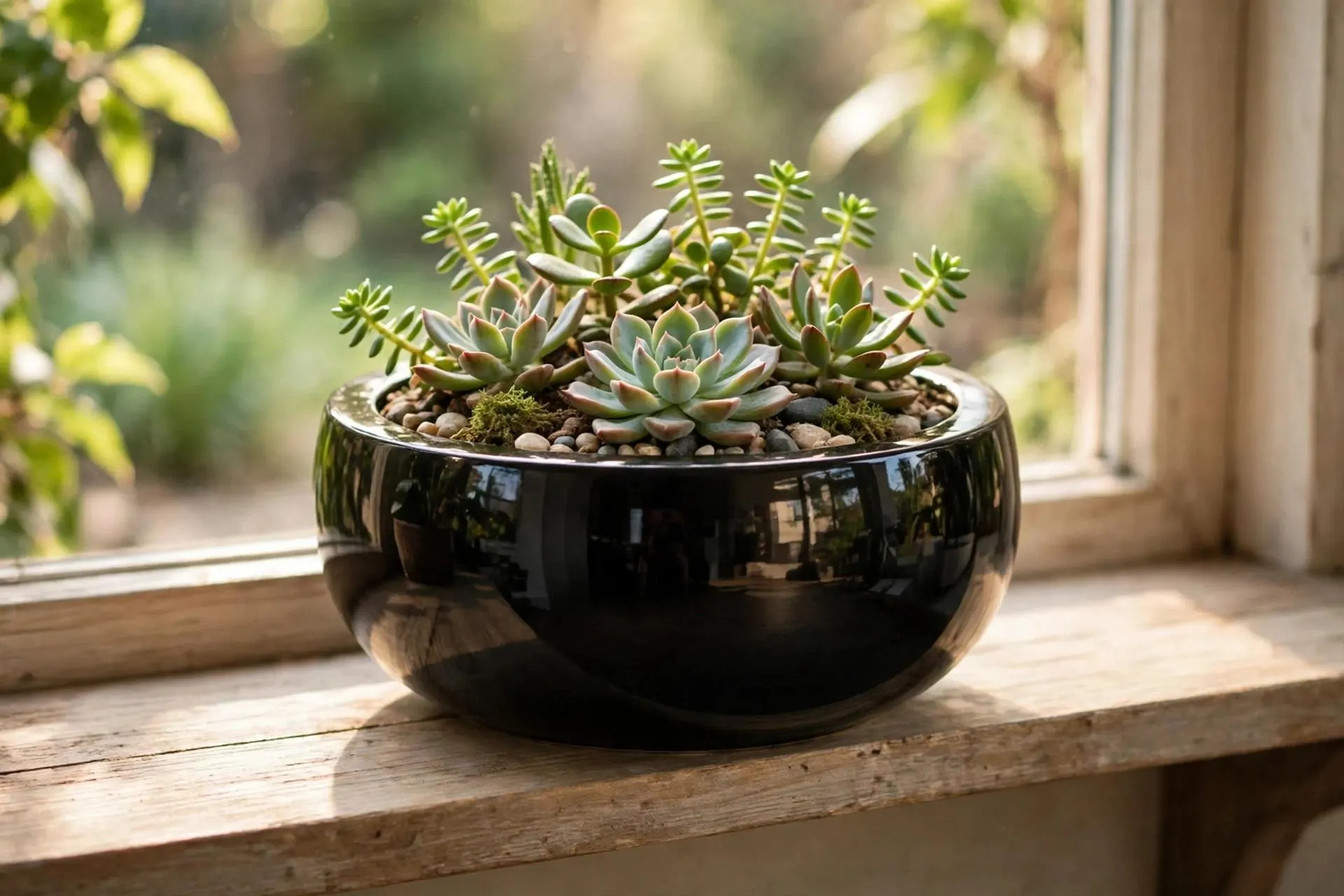 Polystone Low Bowl Black 11x5 Inch | Lacquered Round Bowl Planter | Succulent Garden Pot