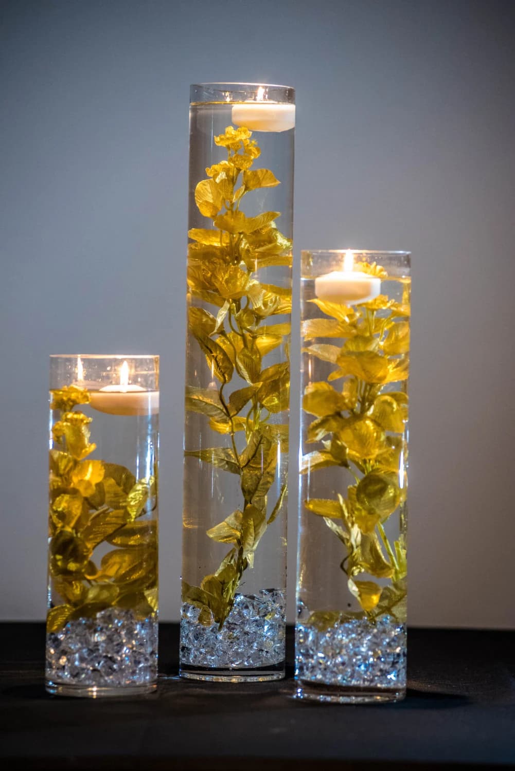 Submersible Gold Floral Wedding Centerpiece with Floating Candles and Acrylic Crystals Kit/ Perfect for Thanksgiving or Great Gatsby theme
