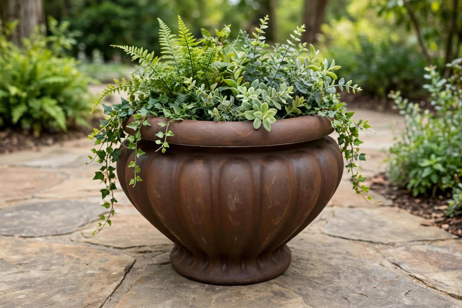 Eco Plastic Fluted Urn Rust 24x17 Inch | Large Lobed Urn Planter Rolled Rim | Garden Statement Pot