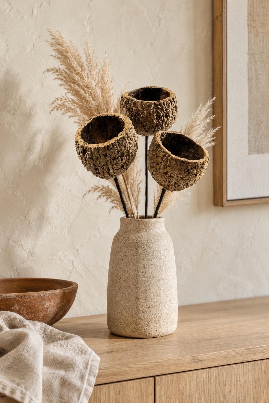 Dried Ourico Pods on Stems 4 Inch Set of 3 | Brazil Nut Pod Picks | Rustic Boho Dried Floral Arrangement Decor