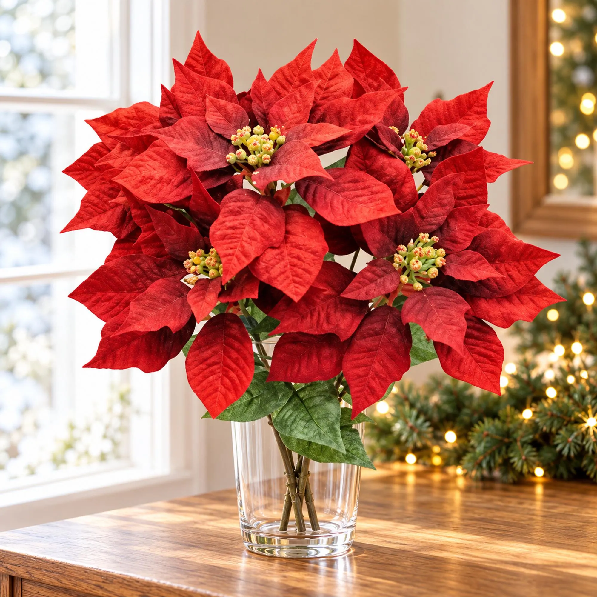 Red Poinsettia Bush, 18 Inch Artificial Christmas Flower Arrangement Supply