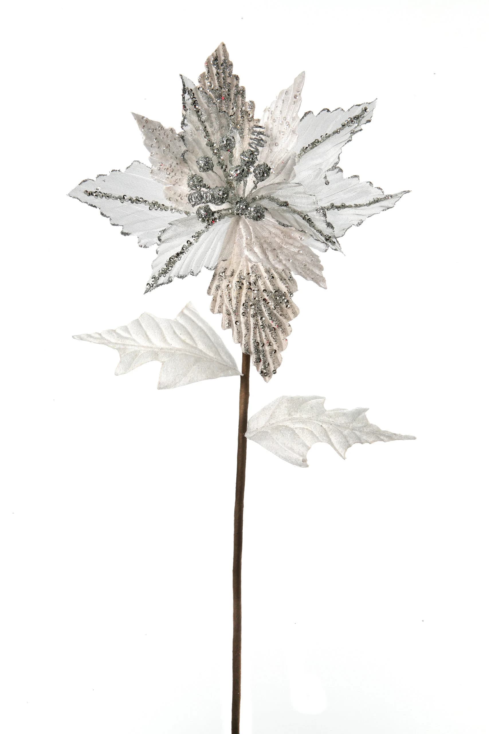 28" Silver & White Glitter Velvet Sheer Poinsettia/Holiday Decor/Christmas Decorations/Poinsettia Picks/Poinsettia Flowers/Poinsettia Plants