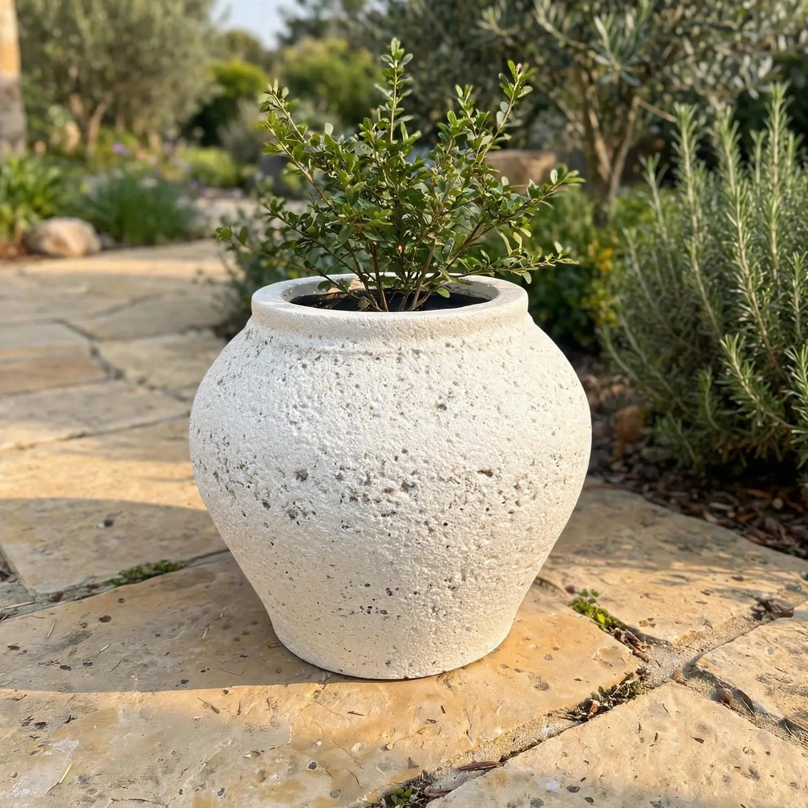 Round Ficonstone Pot Ivory 14.5x12.5 Inch | Globular Jar Stone-Look Planter | Garden Pot