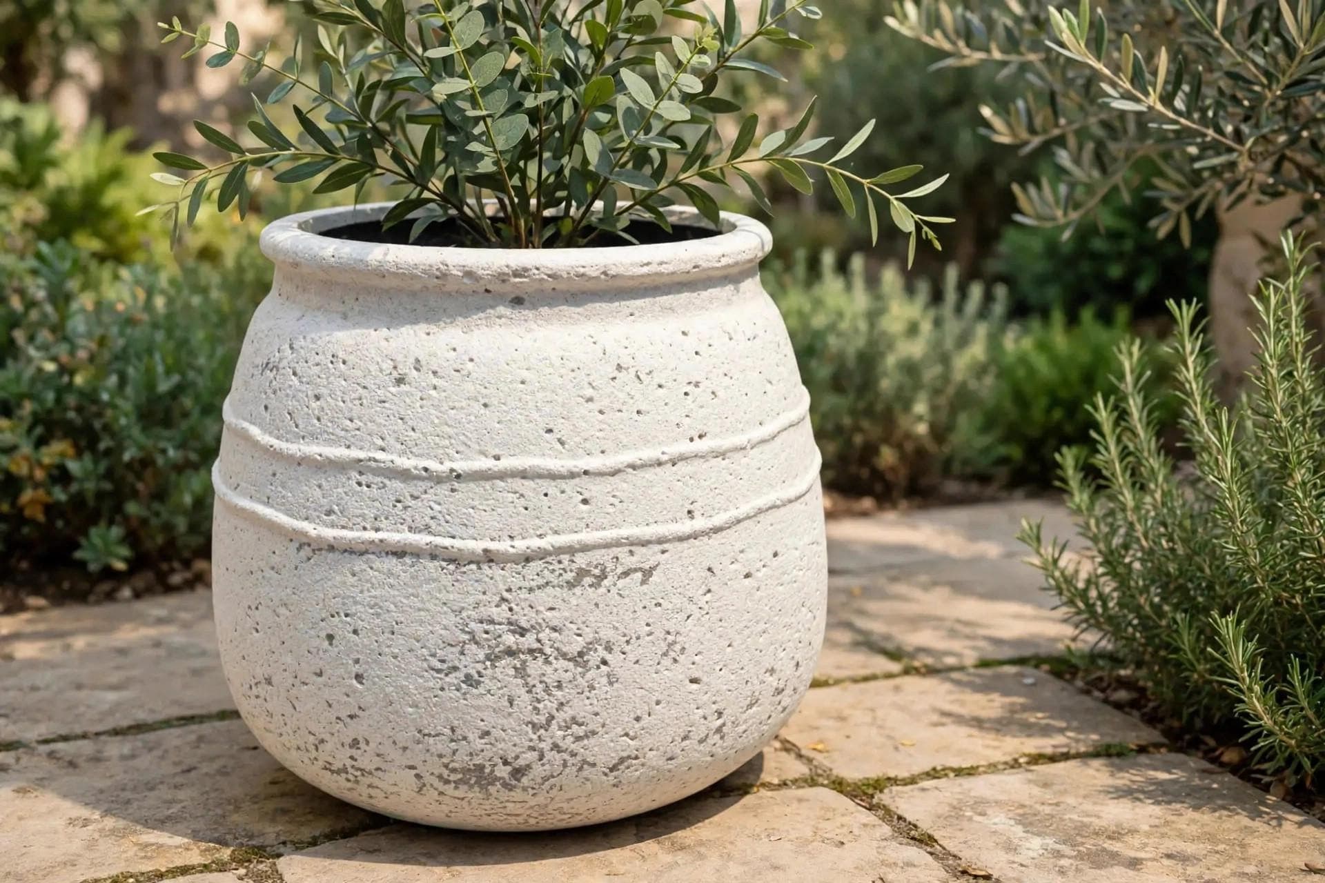 Round Ficonstone Pot Ivory 12.6x11 Inch | Pitted Stone-Look Planter with Banded Rim | Garden Pot