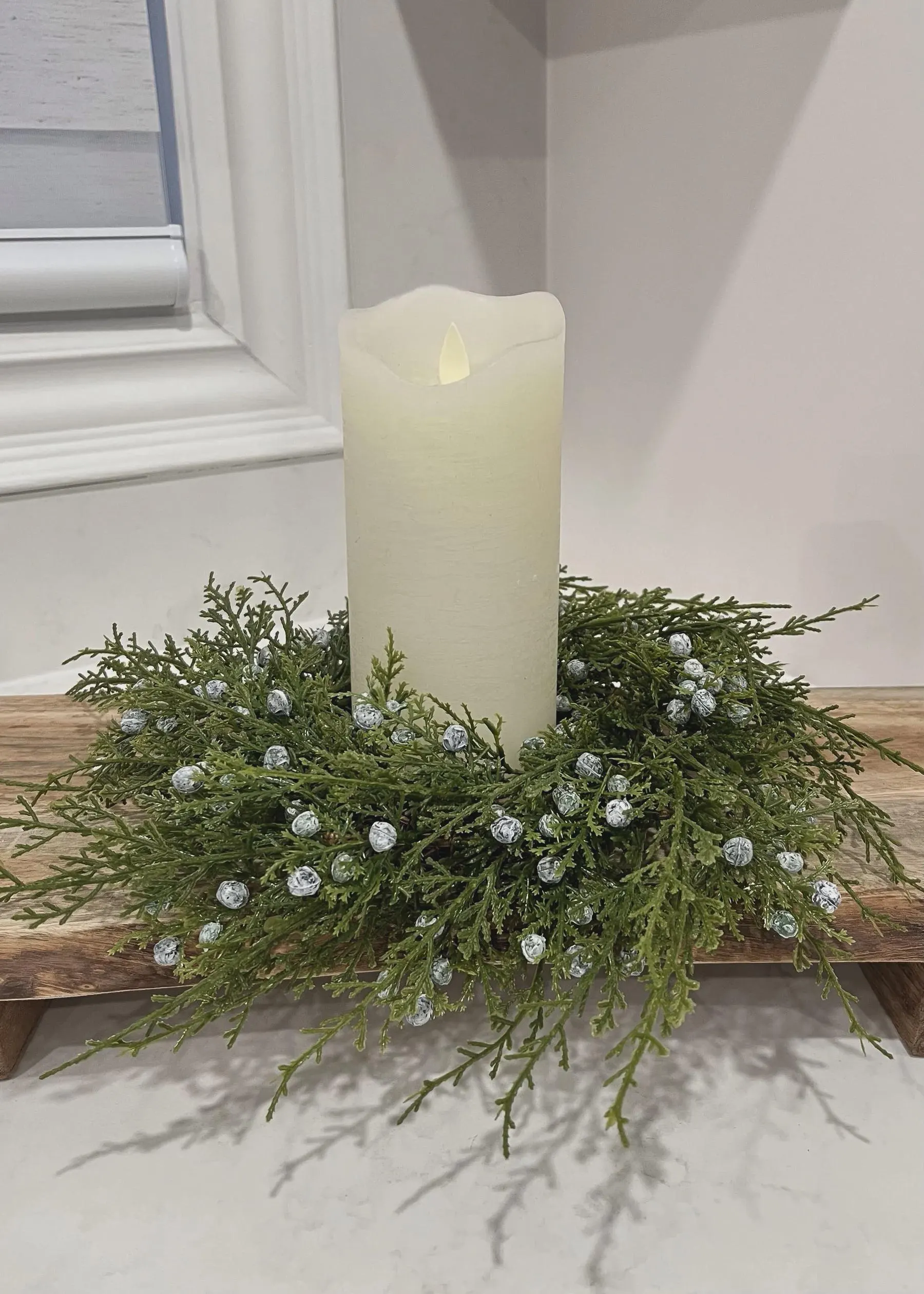 3" Juniper Candle Ring | Artificial Evergreen Candle Ring | Faux Juniper Greenery | Holiday Candle Wreath | Christmas Table Decor