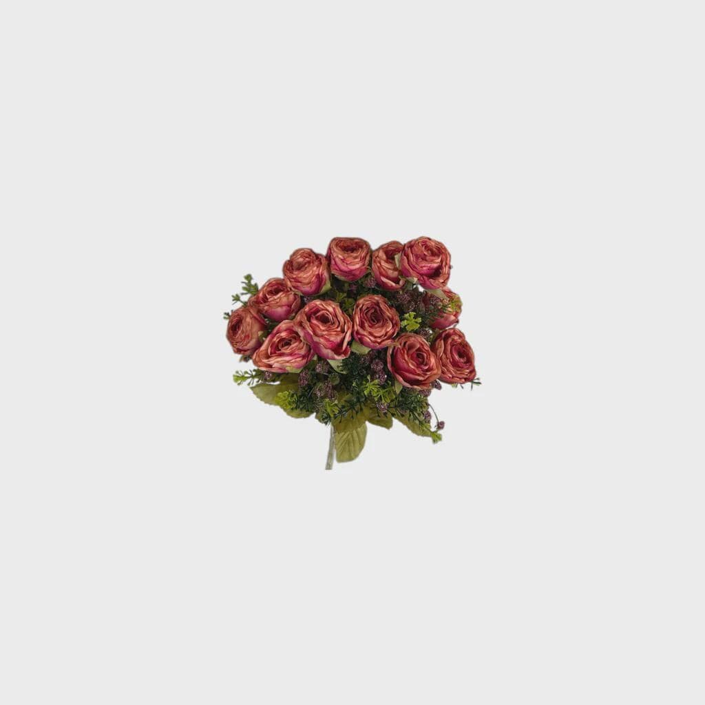 15" Hot Pink Mini Rose Bush | 12 Head Artificial Rose Bush | Faux Rose Flowers | Wedding Floral Bush | Centerpiece Flowers | Home Decor