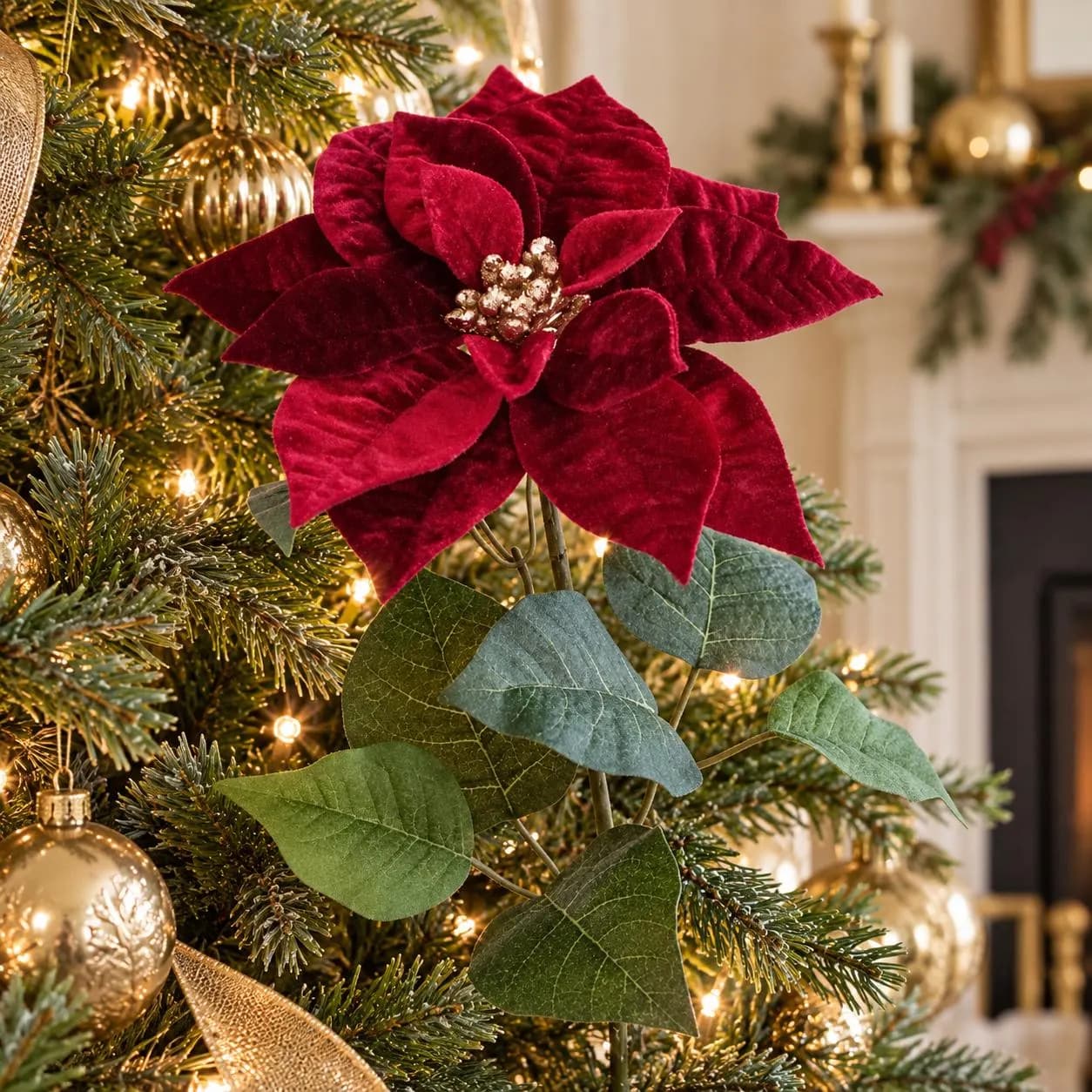 28 Inch Burgundy Velvet Poinsettia Stem, Artificial Christmas Flower