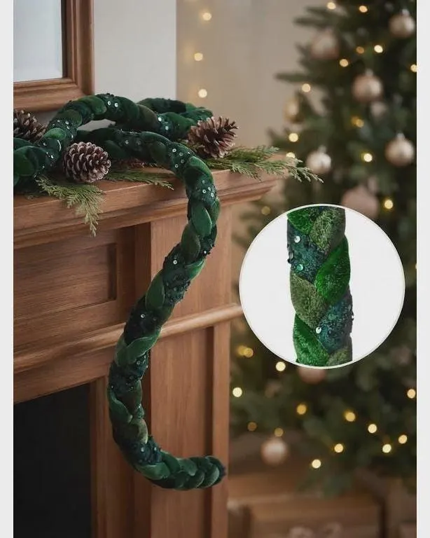 5Ft Velvet Braided Roping Green, 1/2" Emerald Green Fabric Trim, Christmas Tree Garland, Holiday Wreath Ribbon, DIY Velvet Craft Cord