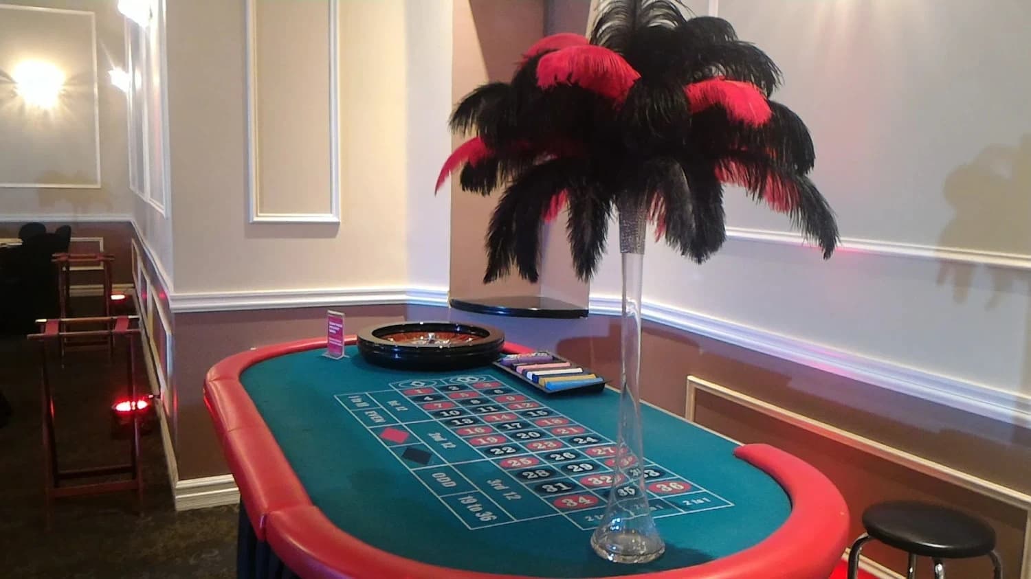 Casino Style Red and Black Ostrich Feather Centerpiece with Fairy Lights