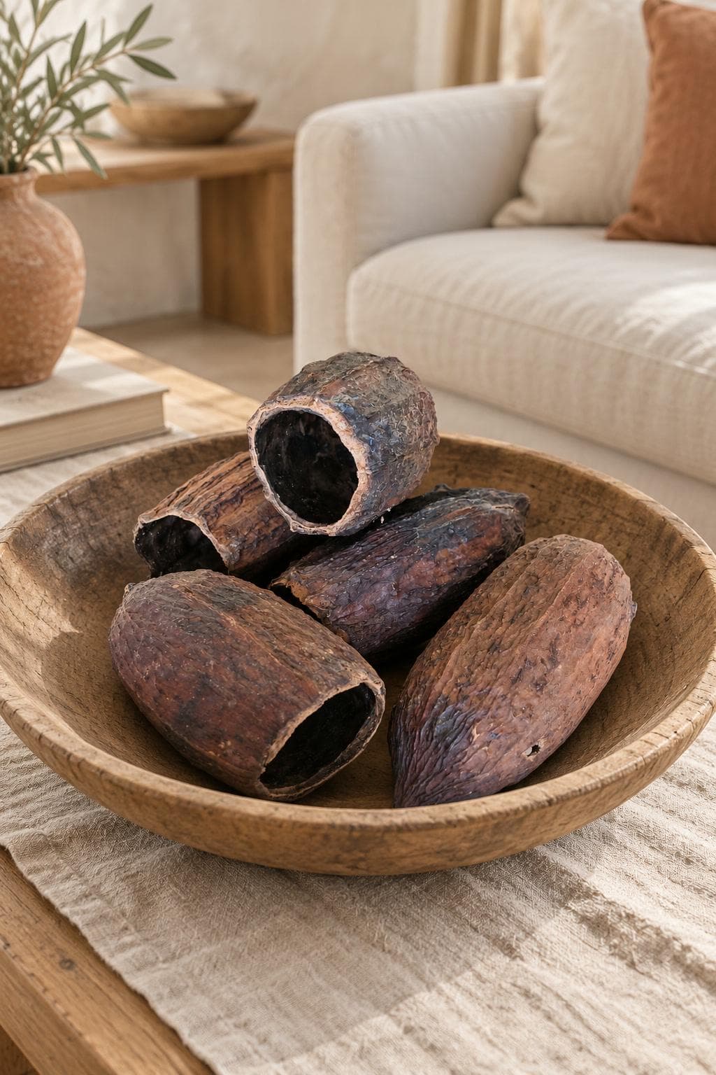 Dried Cacao Pods Set of 5 | Natural Cocoa Pod Shells 5 to 6 Inch | Rustic Bowl Filler and Tropical Decor