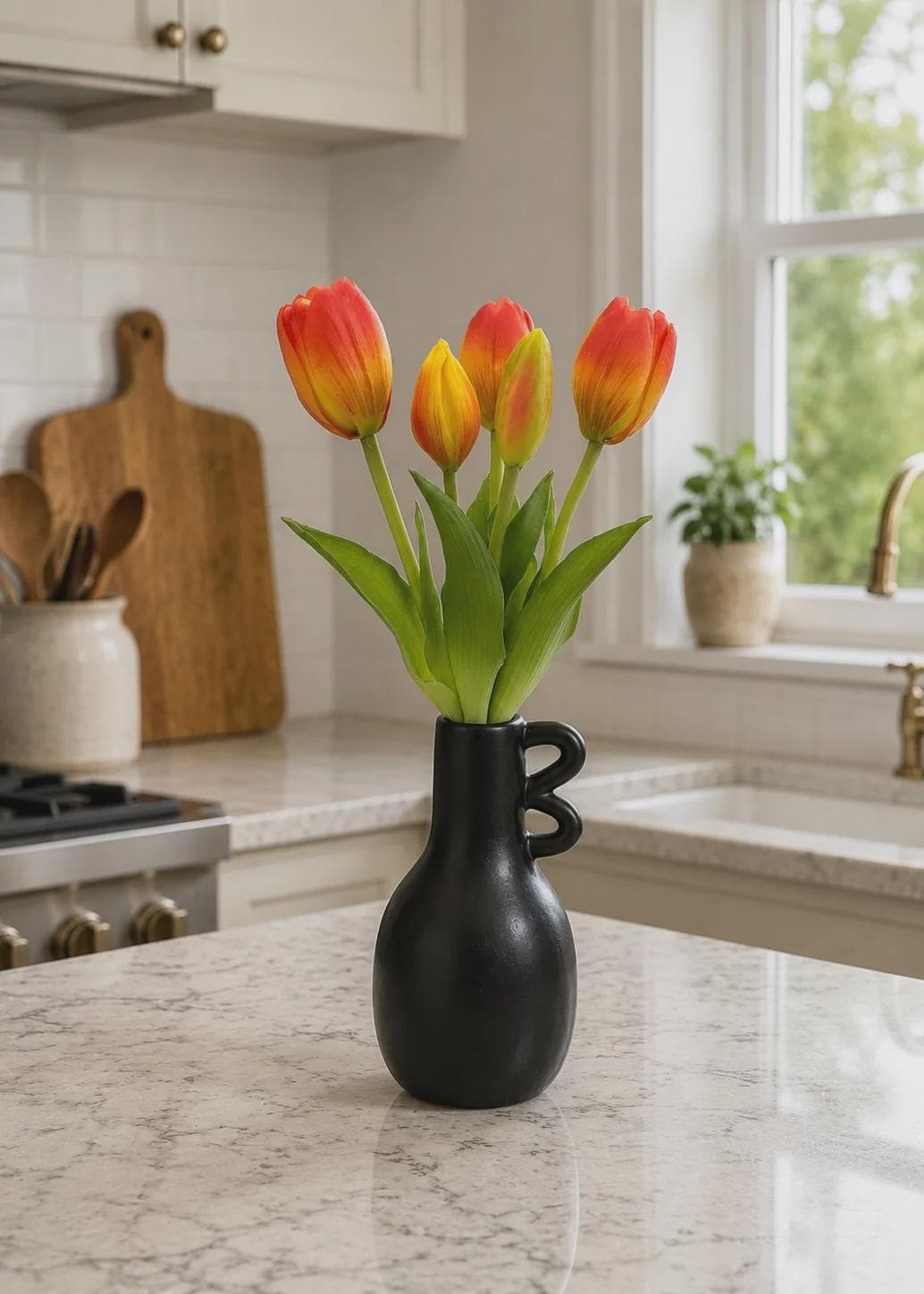 9.5" Mini Orange Tulip Bundle (5 Stems) – Fresh Touch Faux Bright Orange Tulips, 3 Flower Heads and 2 Buds for Small Vases & Decor