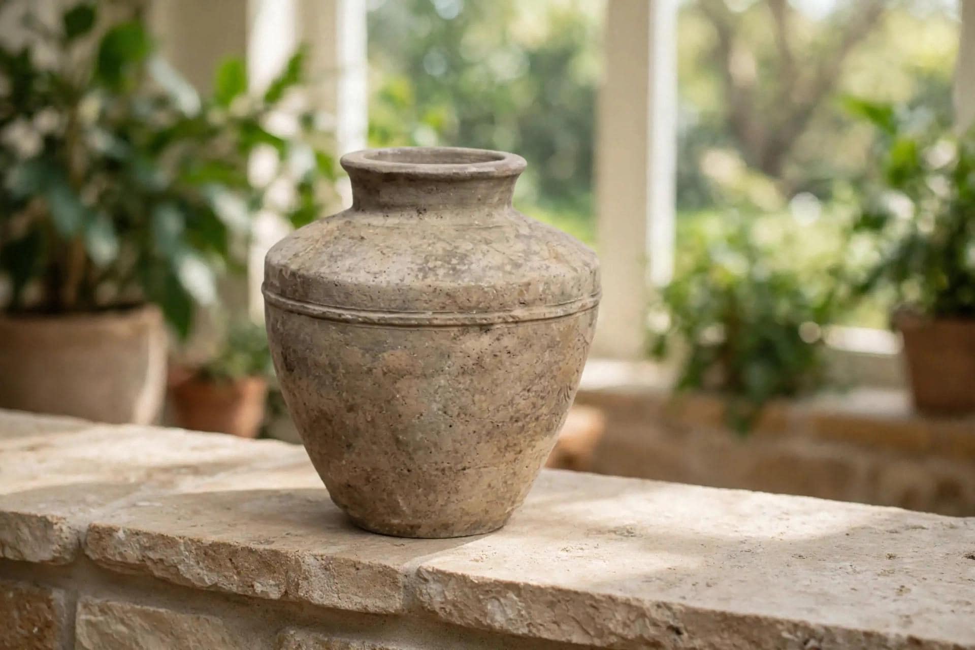 Terra Roman Vase Terracotta Sand 13x10.6 Inch | Rustic Stone-Look Jar Planter | Mediterranean Garden Decor