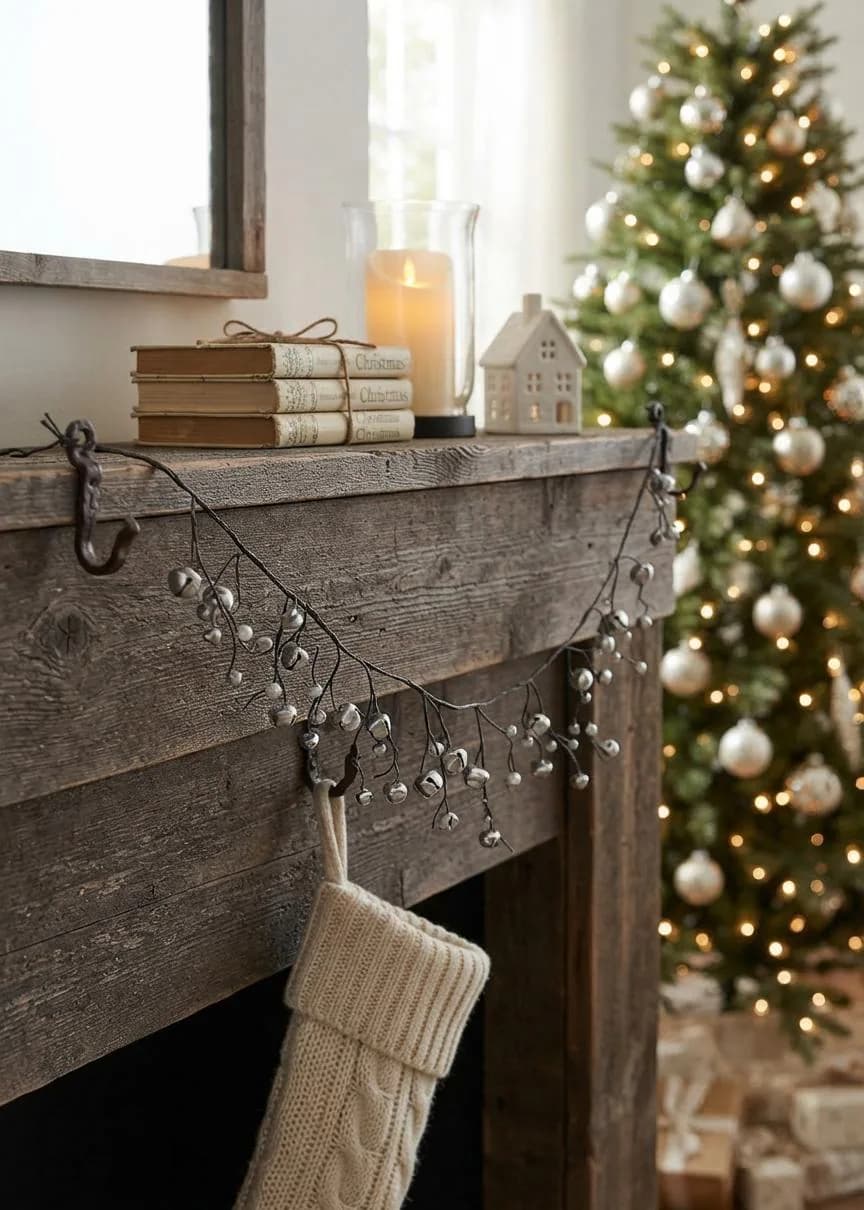 5ft Antique Silver Jingle Bell Garland, Vintage Silver Mini Bells on Wired Twig Strand, Christmas Tree & Mantel Decor, Rustic Holiday Accent
