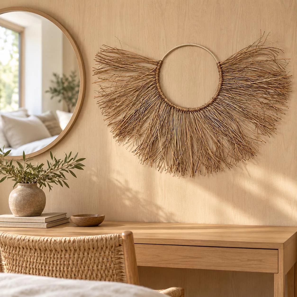 28 Inch Natural Bamboo Stripe Semi Circle Wall Hanging, Boho Sunburst Decor, Woven Rattan Fan Accent, Rustic Entryway, Wedding Backdrop