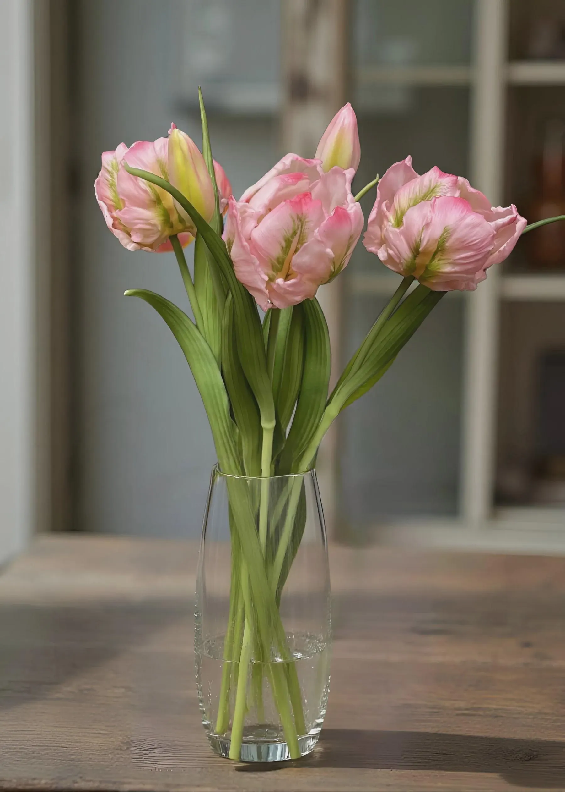 16"Fresh Touch Pink Green/Yellow Tulipa Parrot Tulips Bunch/Pink Tulip/Wedding Centerpiece/Home Decor/Faux Flower/Silk Flower/Flower Bouquet