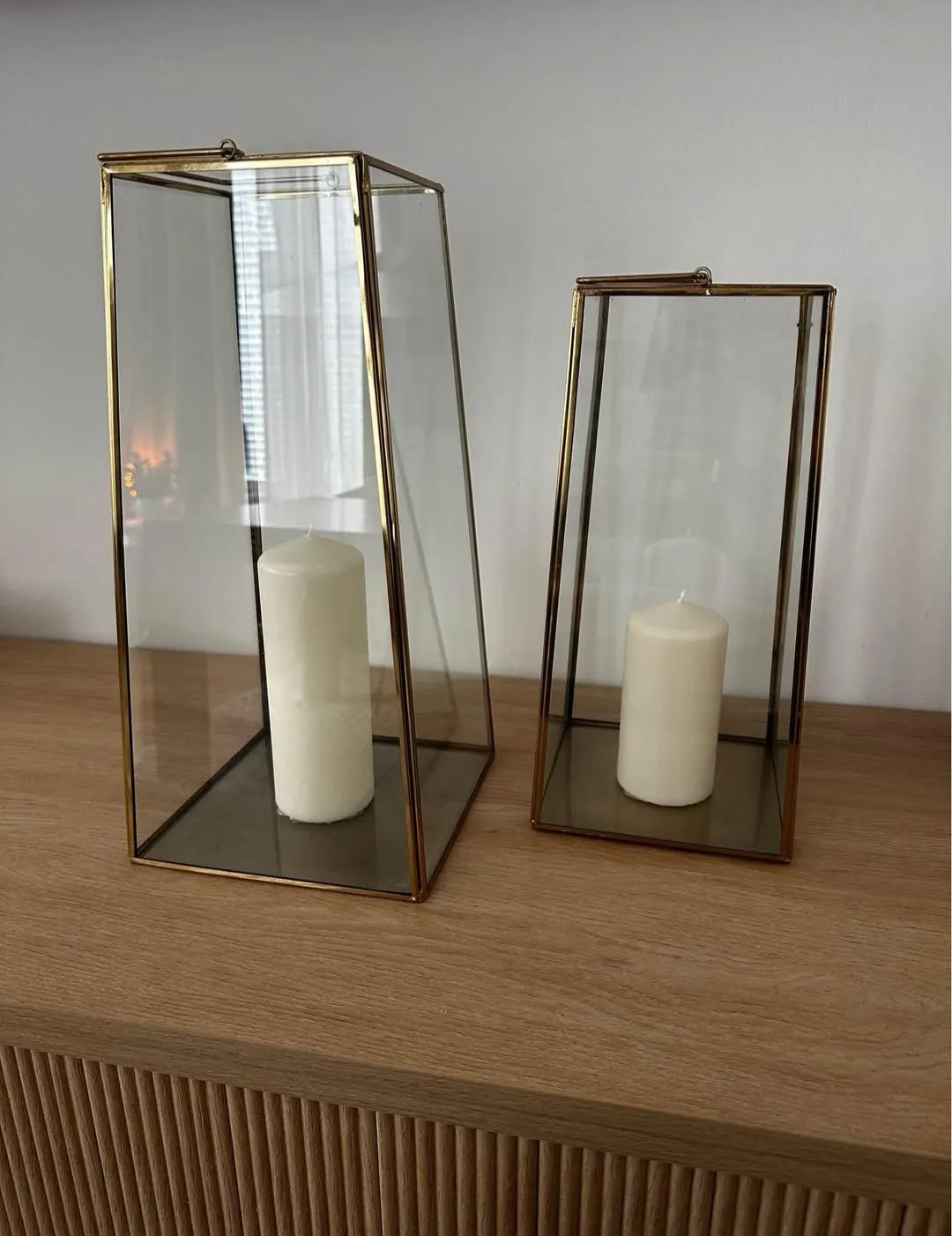 Modern Glass Square Lantern Set with Pillar Candles - Gold or Black Metal Lanterns - Wedding Centerpiece Decor,