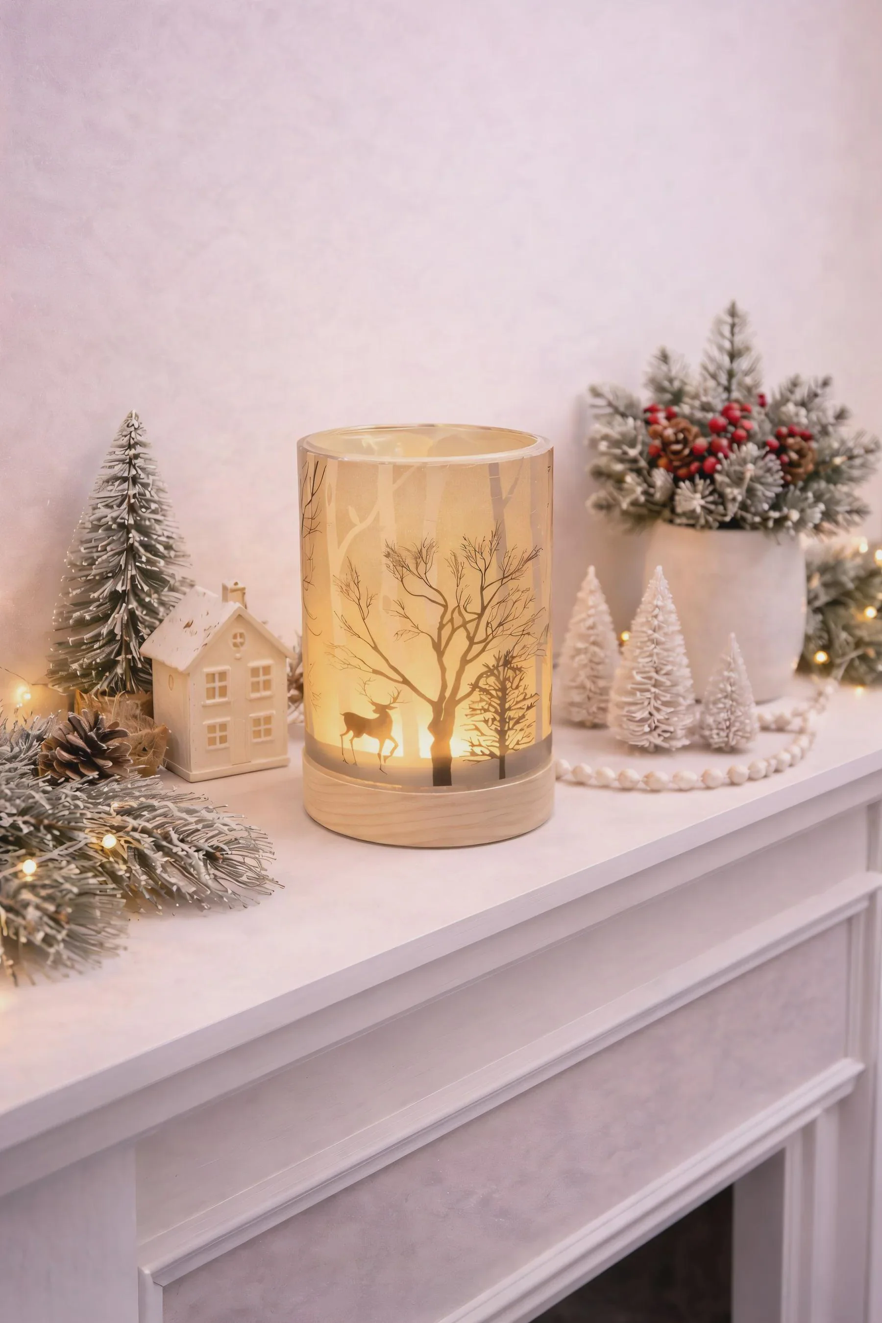 6" LED Glass Cylinder Reindeer Lantern, Flameless Christmas Candle Cylinder, Winter Forest Holiday Table Centerpiece, Festive Home Decor