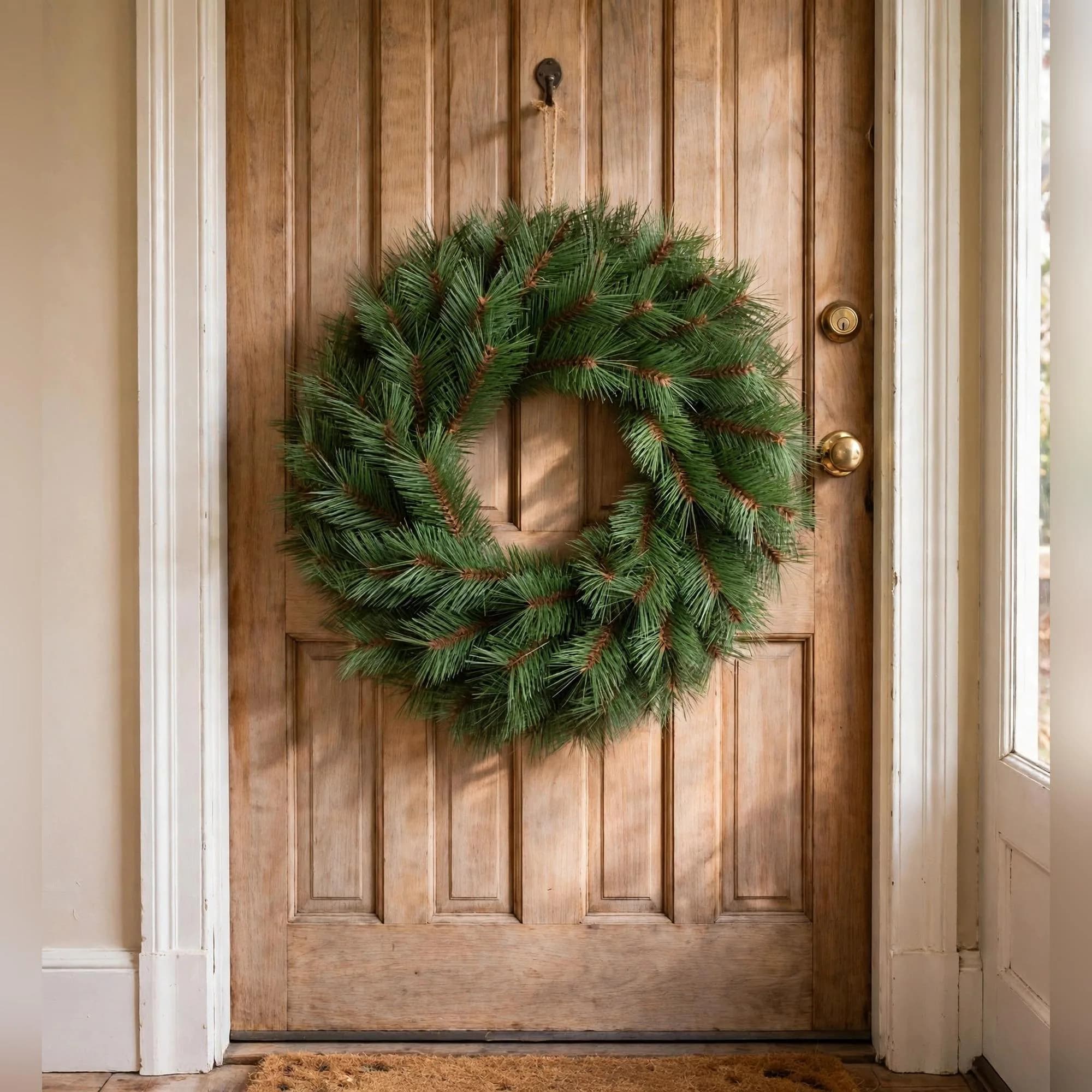 24 Inch Long Needle Pine Christmas Wreath, Artificial Holiday Wreath for Front Door