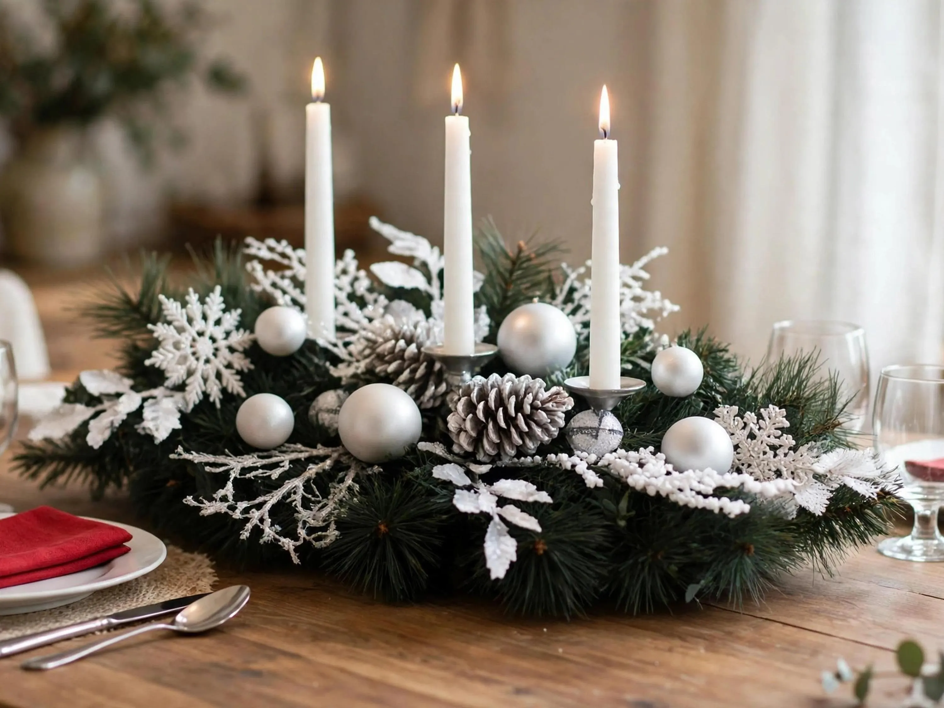 24 In Christmas Centrepiece with Candle Holders, White Pine Table Centerpiece, 3 Candle Holiday Table Decor