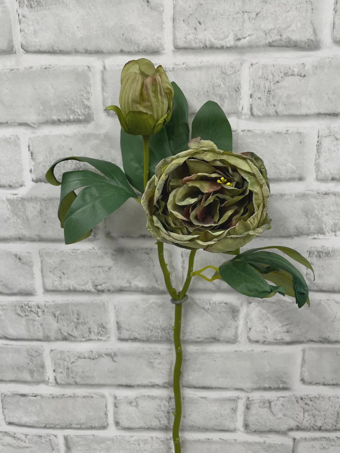 18" Green Dried Look Closed British Peony Stem - Faux Silk Flower Bud, Neutral Fall Vase Filler, Boho Wedding Centerpiece Floral Supply