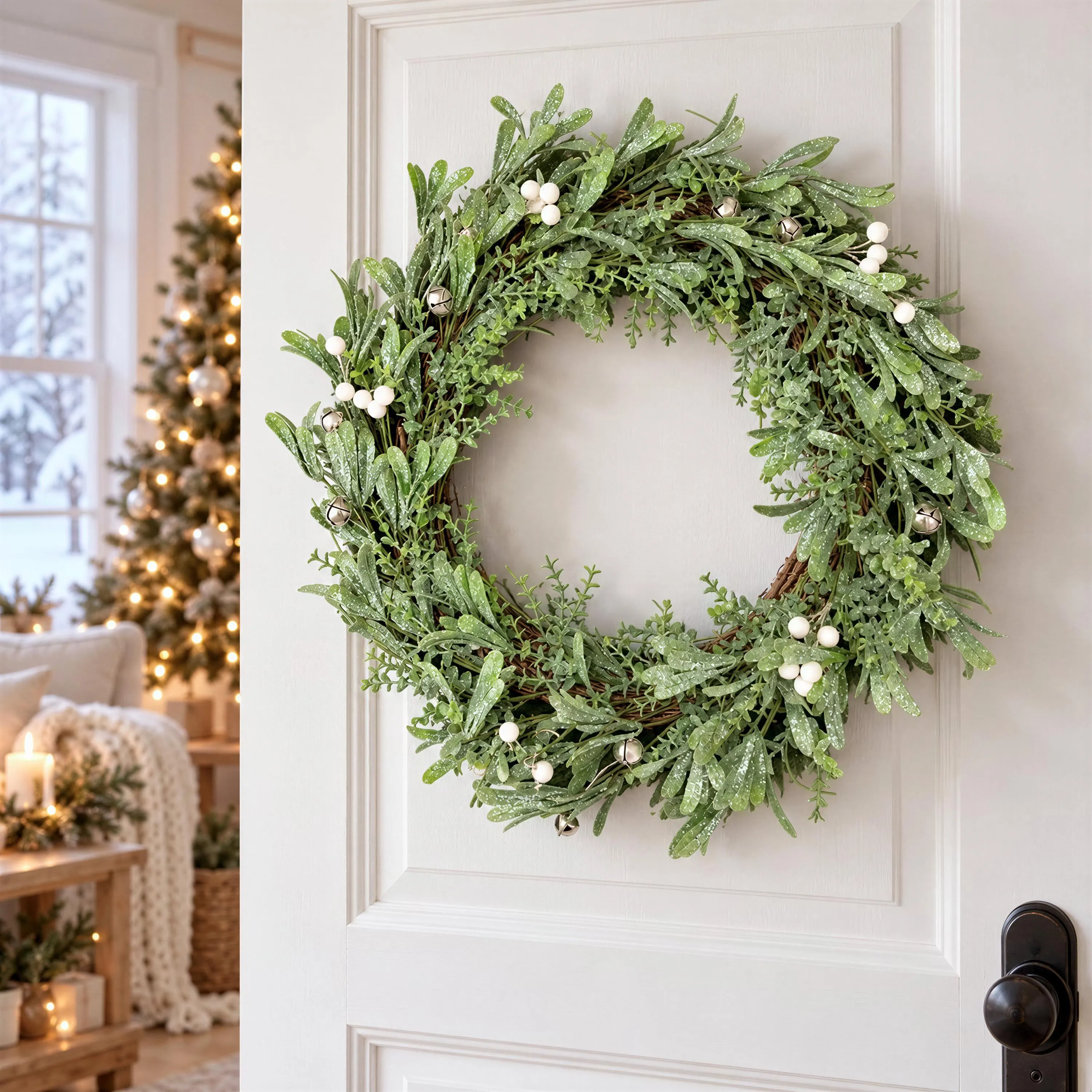18 Inch Green Glitter Christmas Wreath with Bells and White Berries, Festive Holiday Door Decor