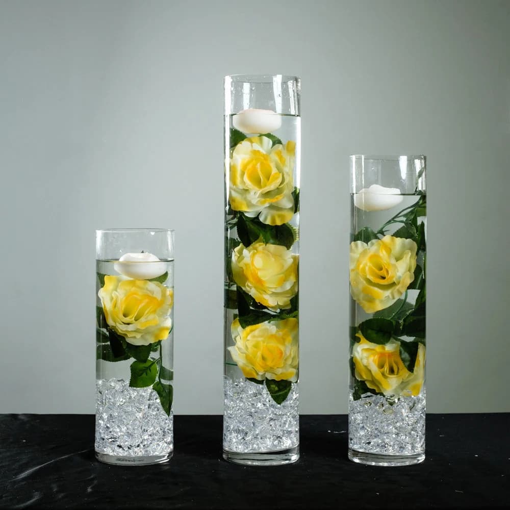 Submersible Yellow/White Rose Floral Wedding Centerpiece with Floating Candles and Acrylic Crystals Kit
