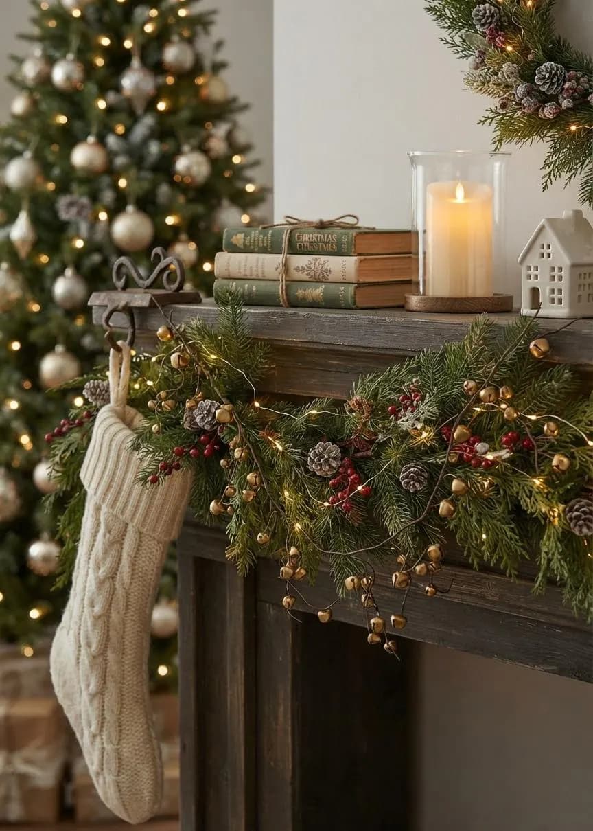 5 ft Shiny Gold Jingle Bell Garland, Metallic Gold Mini Bells on Wired Twig Strand, Christmas Tree & Mantel Decor, Festive Holiday Accent