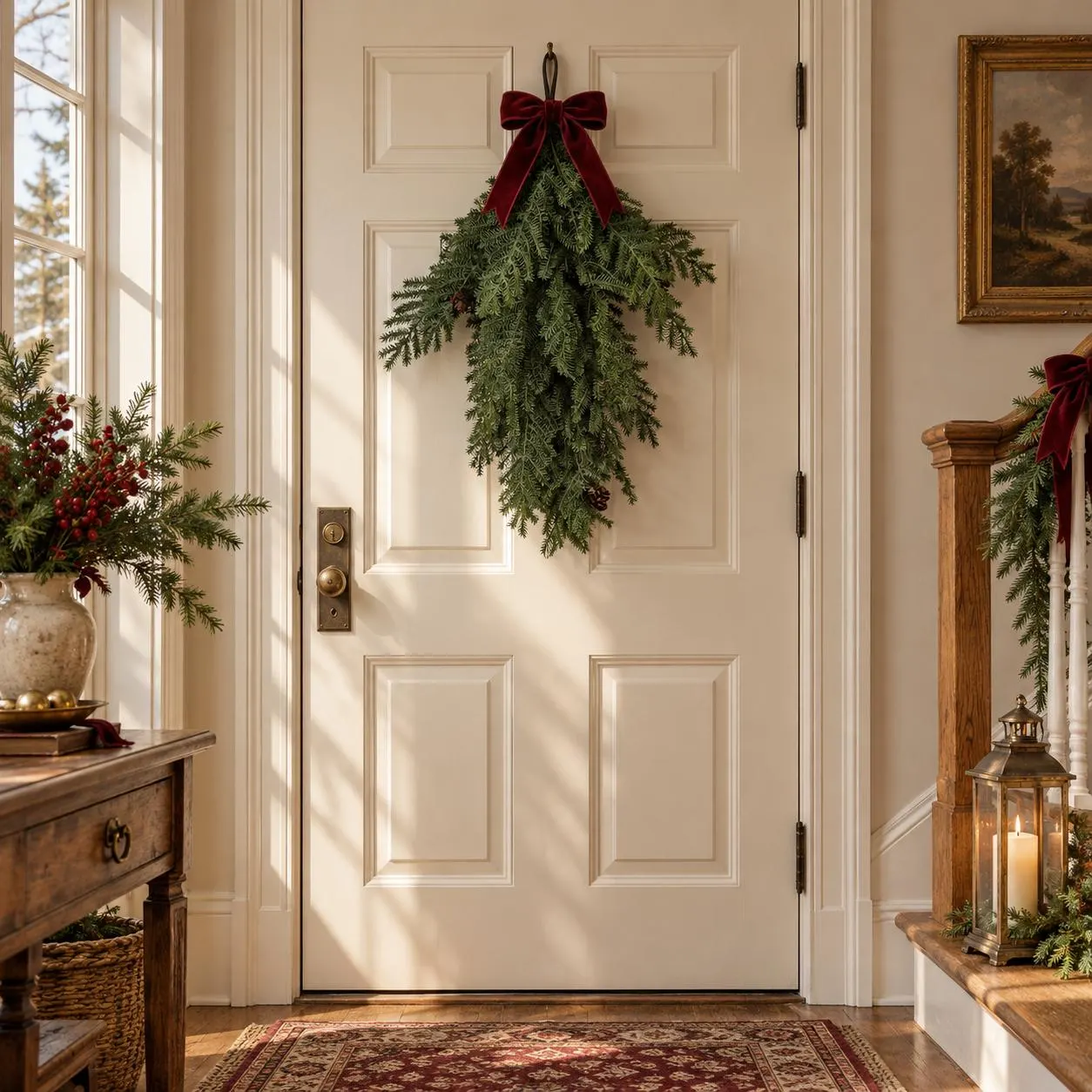 24 Inch Fresh Touch Mountain Hemlock Teardrop, Green Christmas Door Swag with Pine Cones