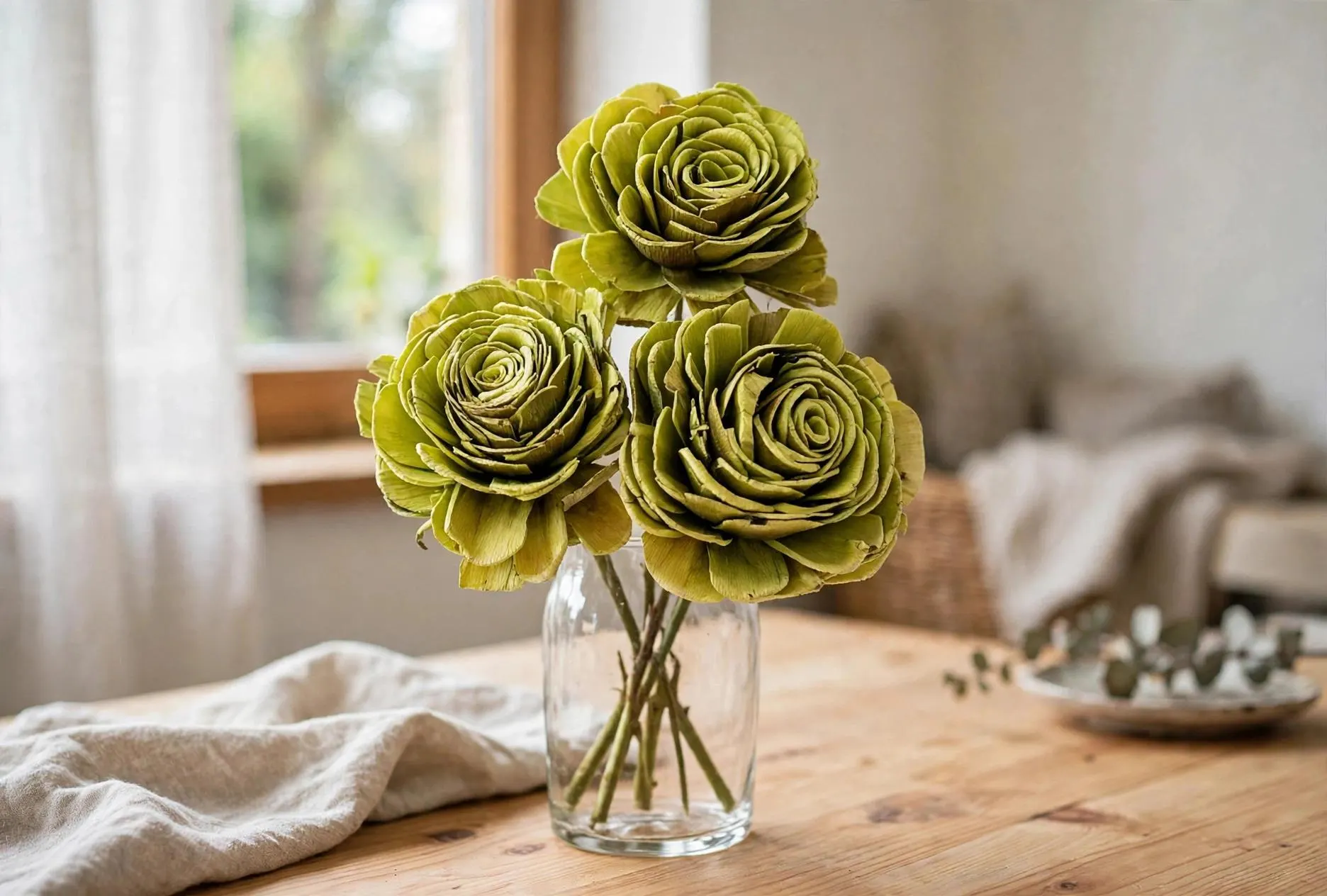 Sola Roses Large Lime 4 Inch | 3 Stems | Dried Wood Flowers for Bouquets