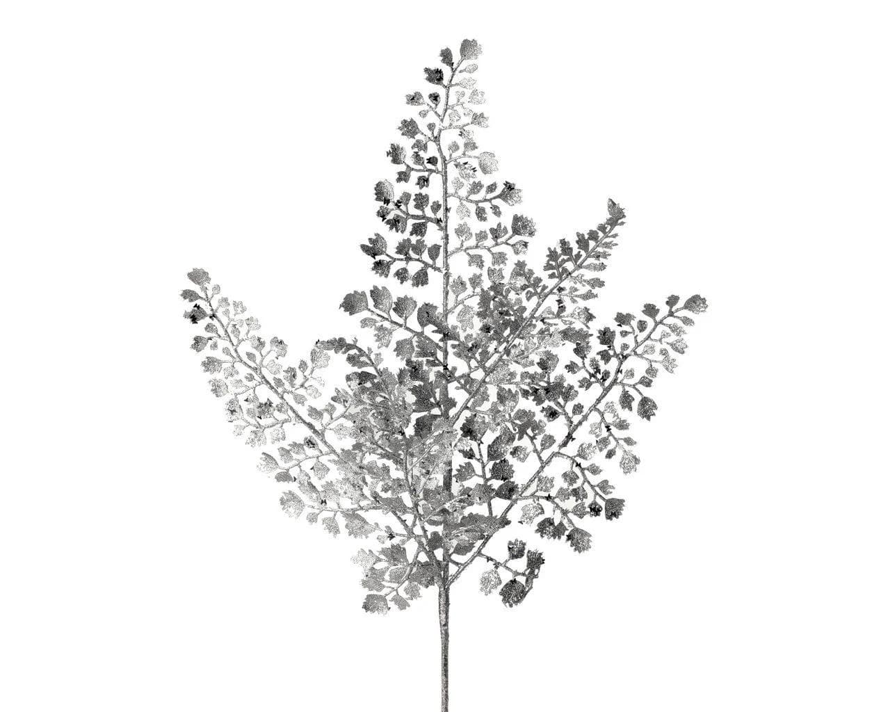 18"Metallic Silver Glitter Maidenhair Spray–Sparkling Faux Fern Branch,Glittered Fern Stem Pick for Christmas Tree, Wreaths and Holiday Vase