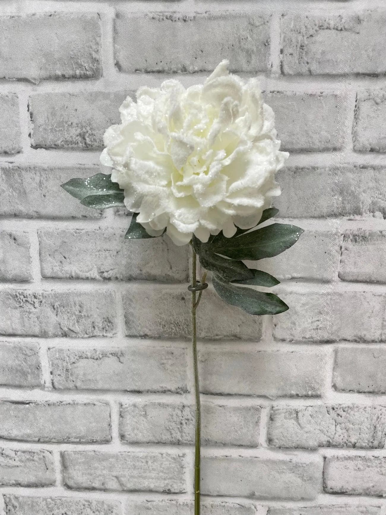 23" Snowy Peony Stem, Faux Frosted Christmas Flower, Artificial Winter Peony Bloom for Holiday Floral Layouts & Vases
