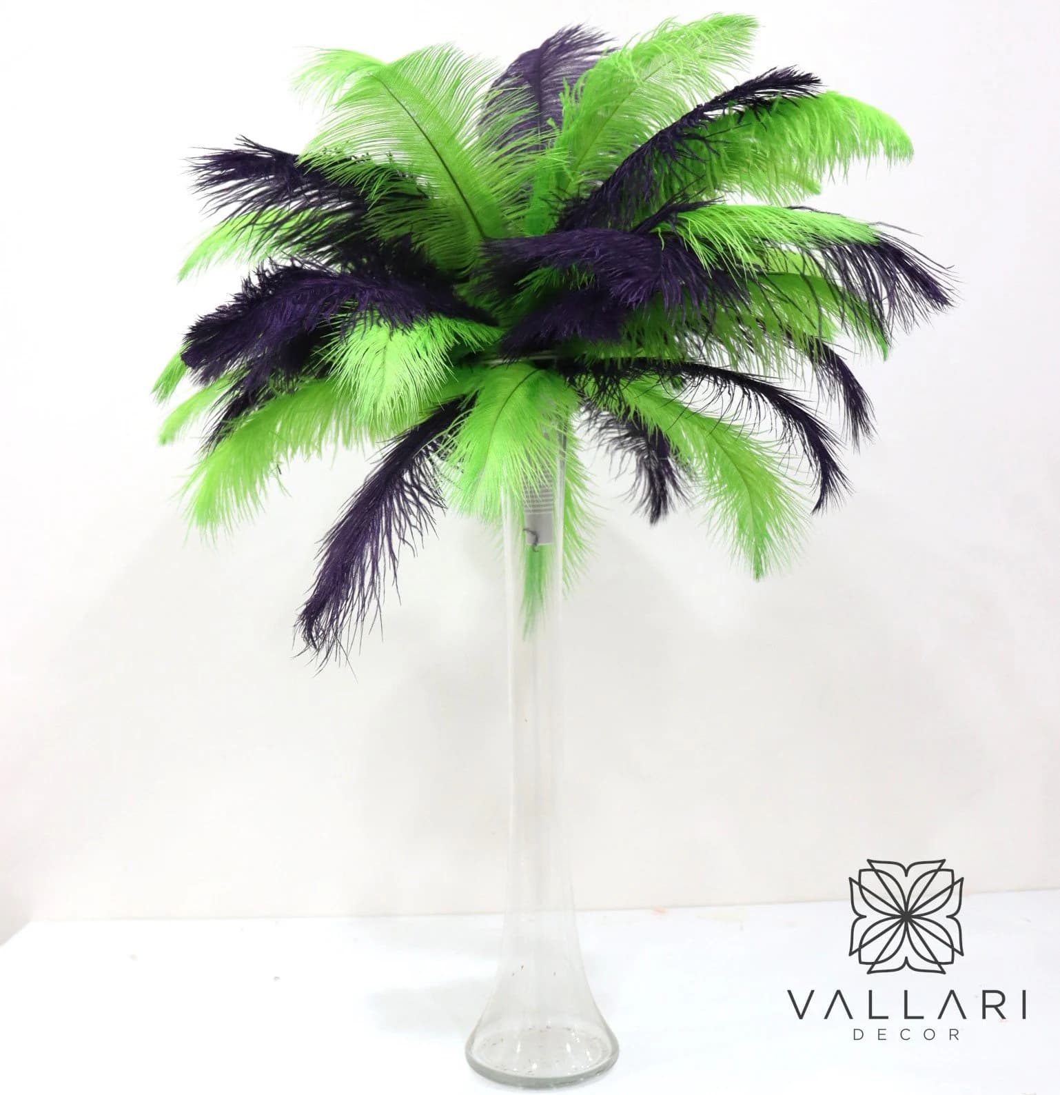 Green and Purple 20" Tall Ostrich Feather Centerpiece Kits with Round Eiffel Tower Vase