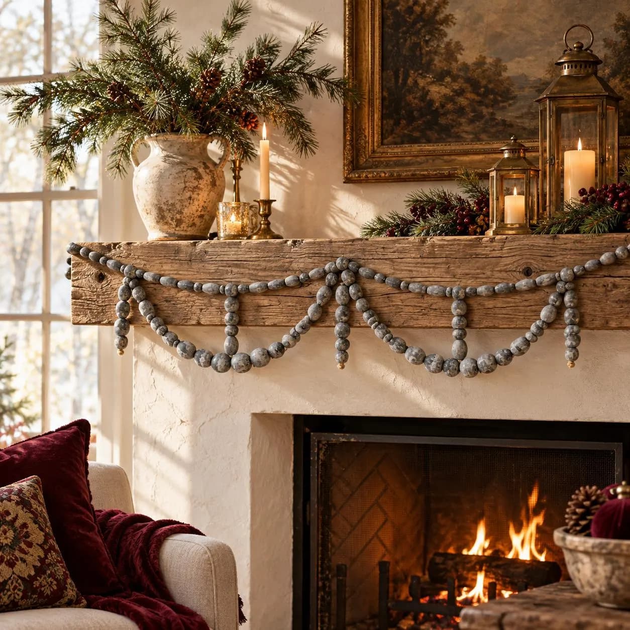 6 Foot Grey Wooden Bead Garland, Scalloped Christmas Mantel Decor, Rustic Holiday Festoon